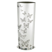 Silver umbrella stand with butterfly patterns on a white background