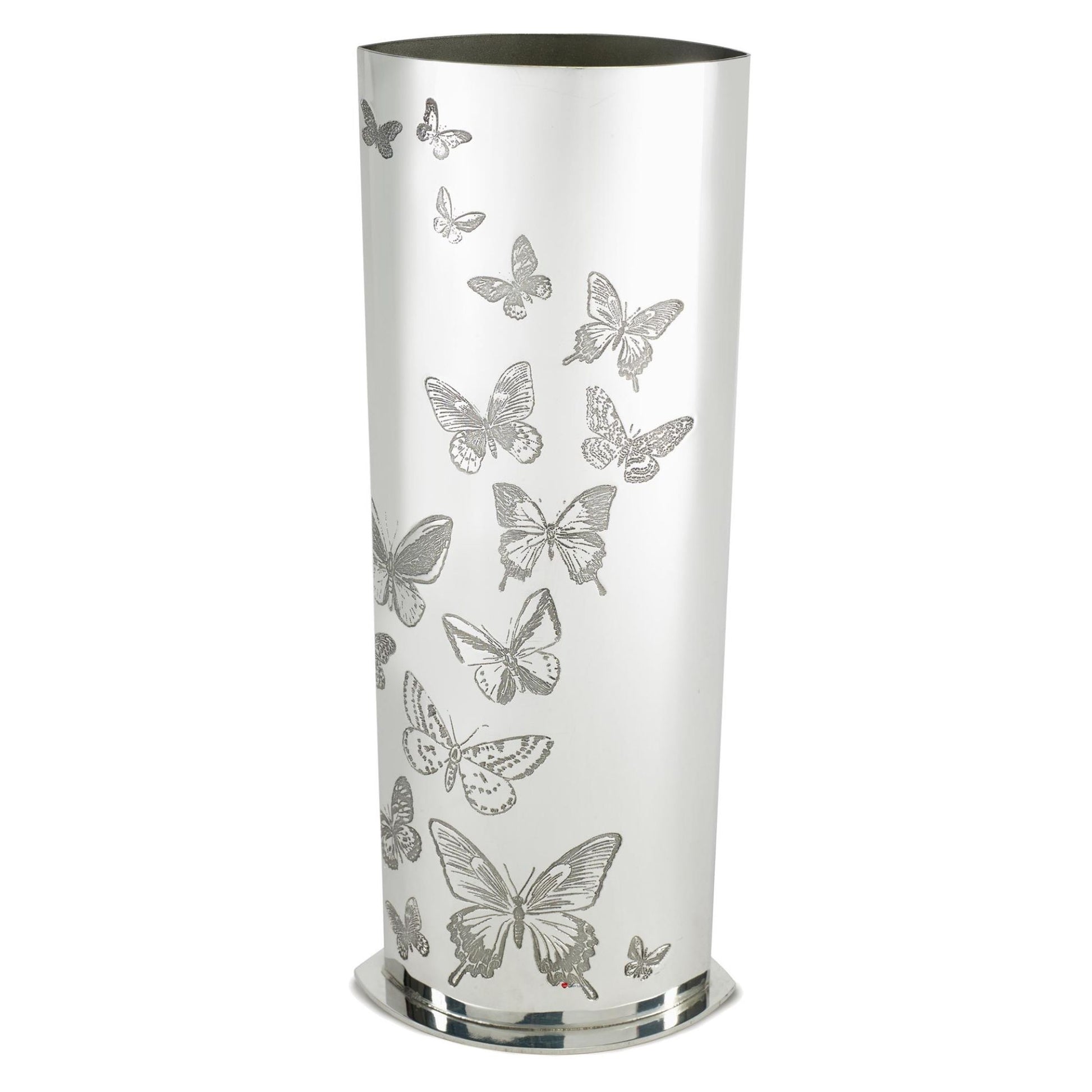Silver umbrella stand with butterfly patterns on a white background