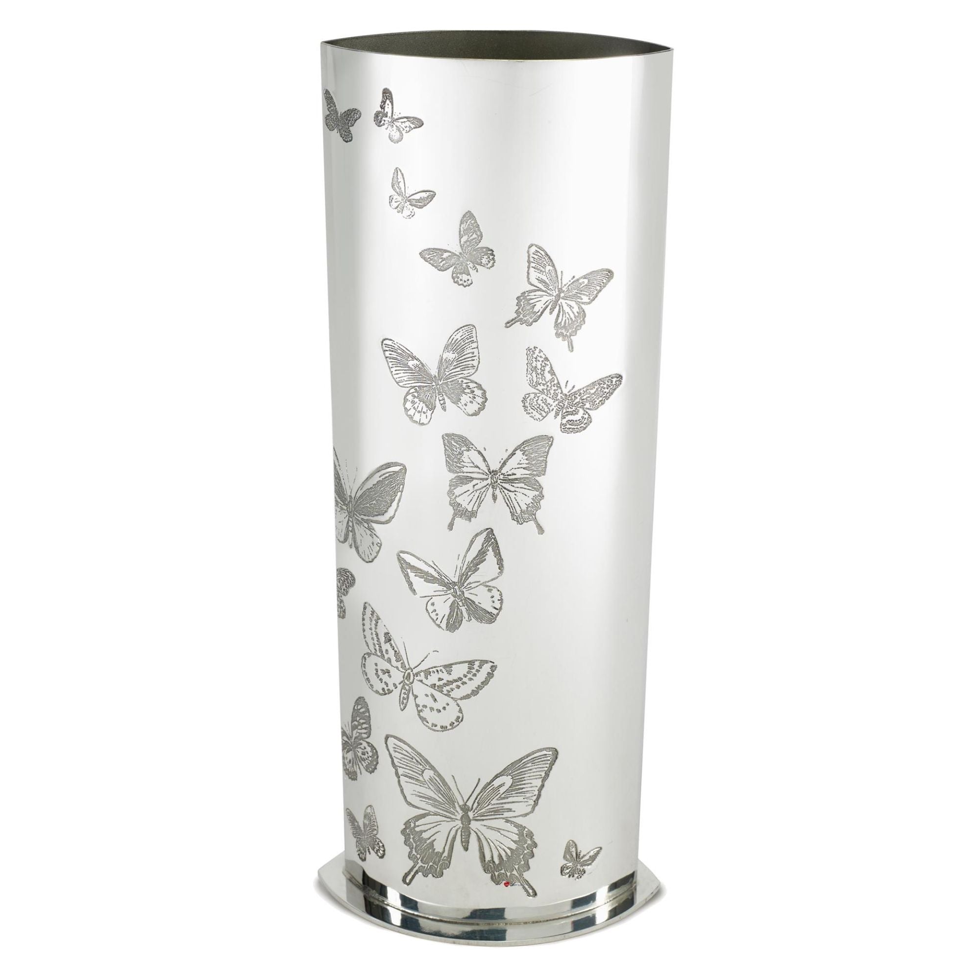 Silver umbrella stand with butterfly patterns on a white background