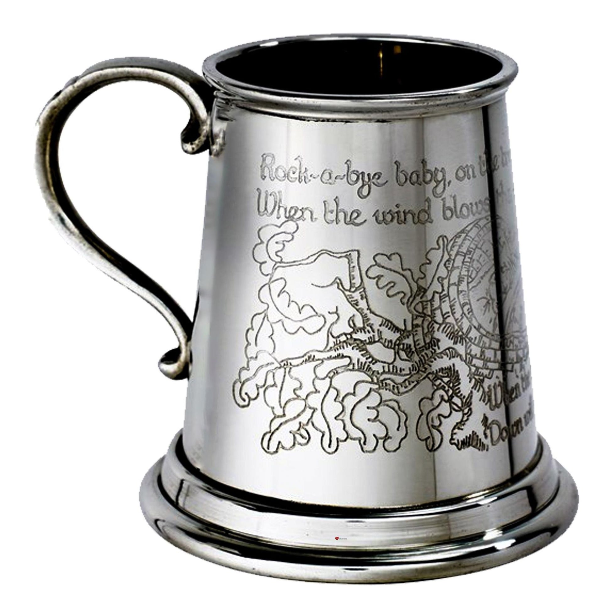 Silver tankard with engraved design and text on a white background
