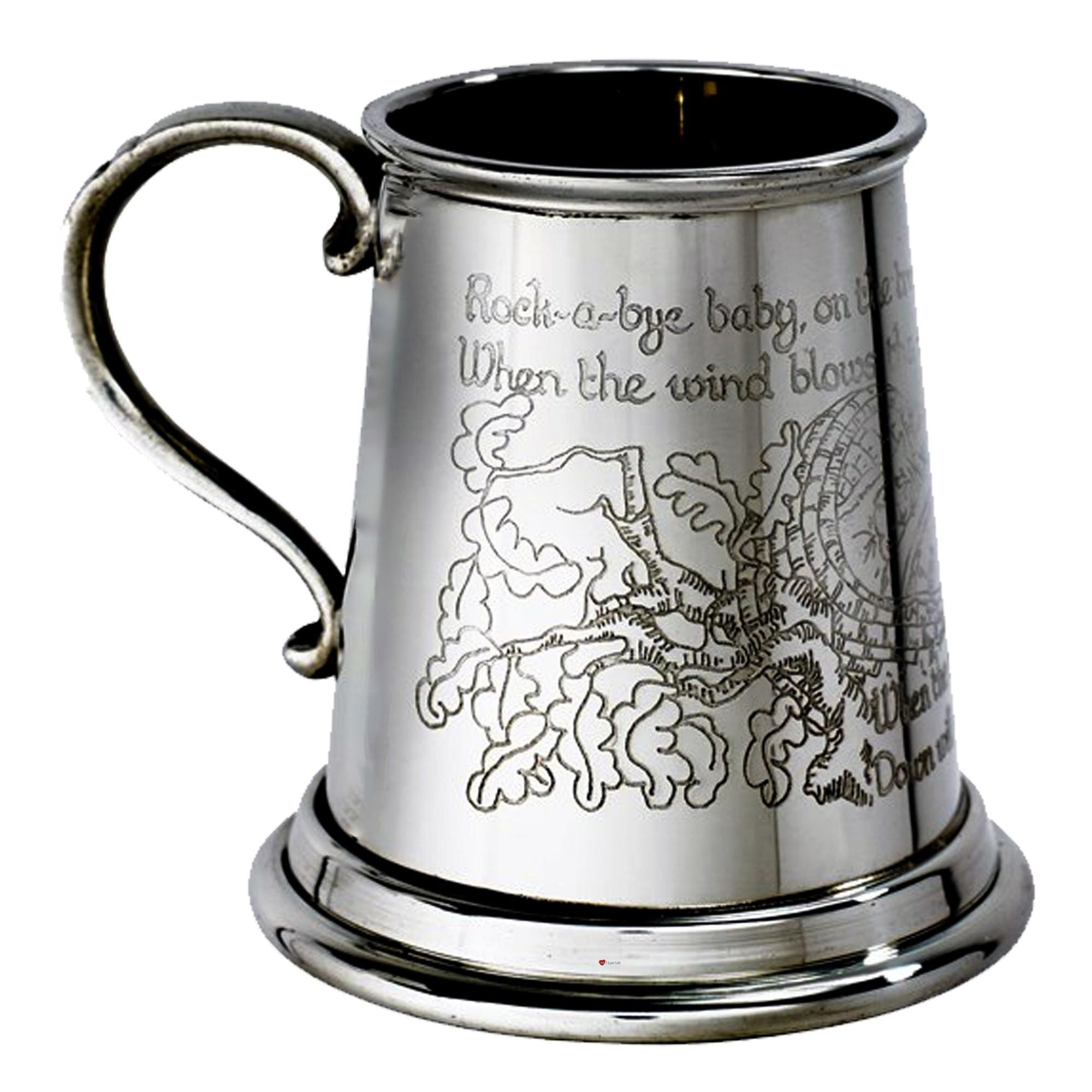 Silver tankard with engraved design and text on a white background
