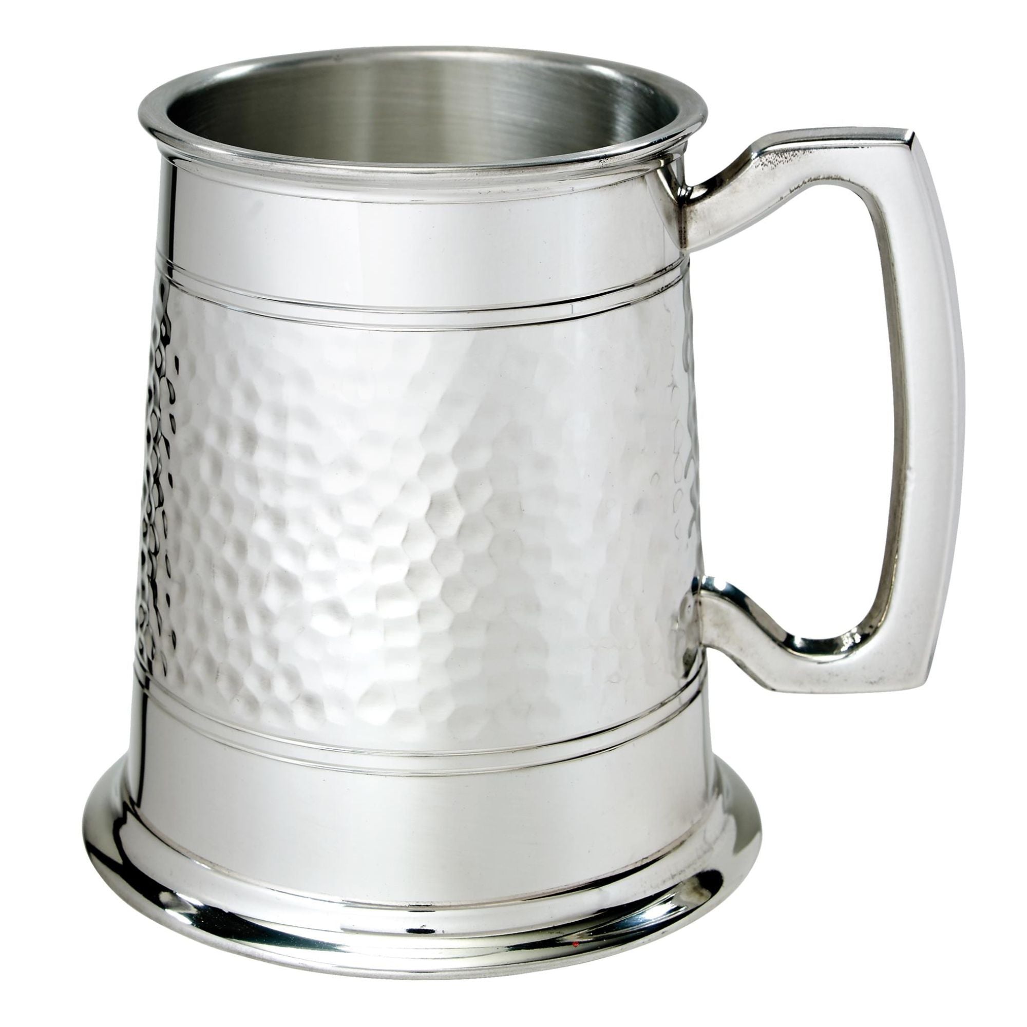 Silver tankard with a textured surface and handle on a white background