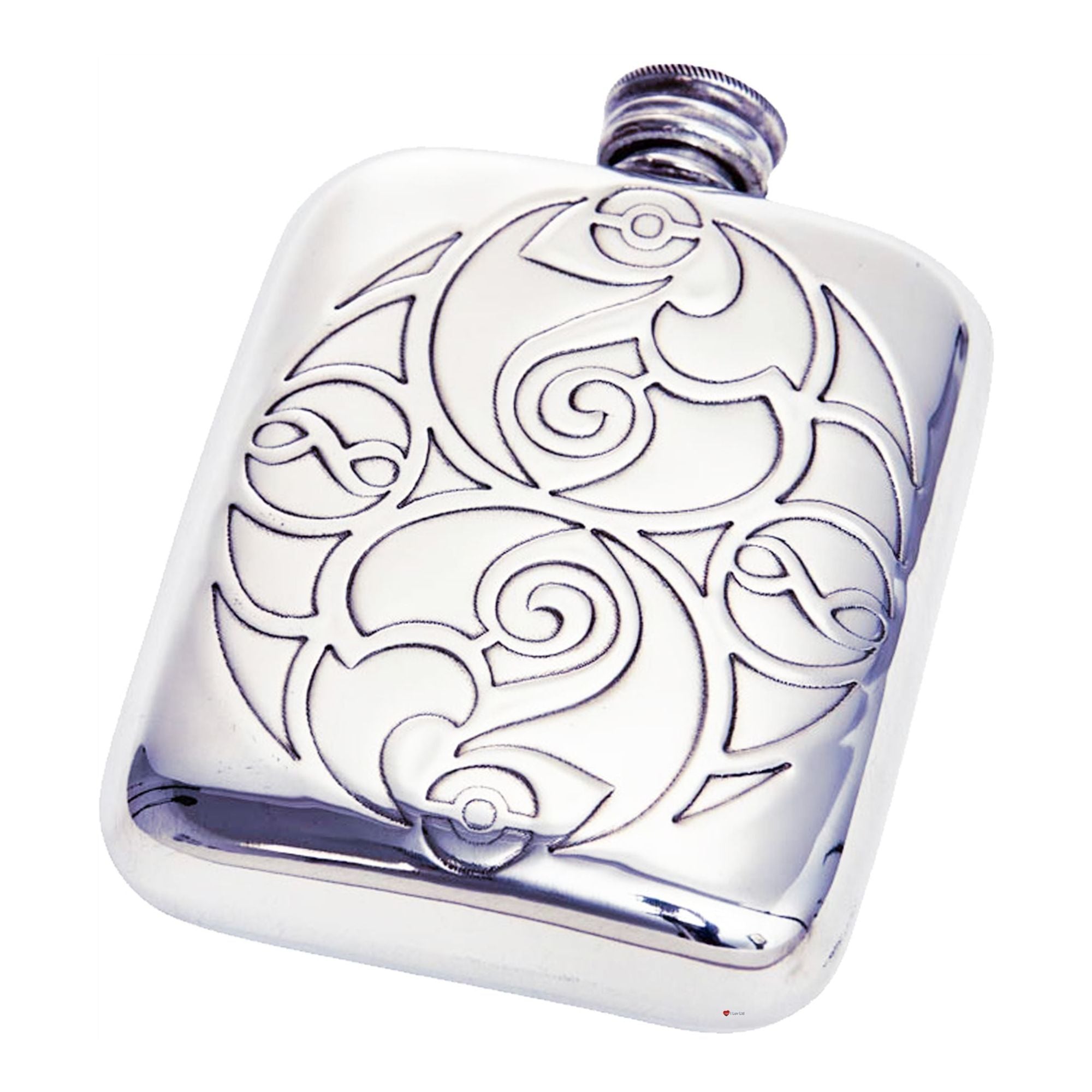Silver hip flask with intricate Celtic design on a white background