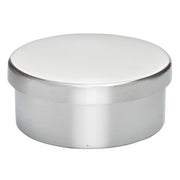 Silver cylindrical container with a lid on a white background
