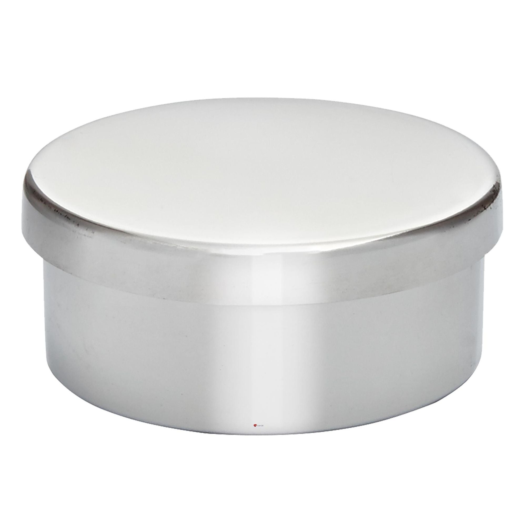 Silver cylindrical container with a lid on a white background