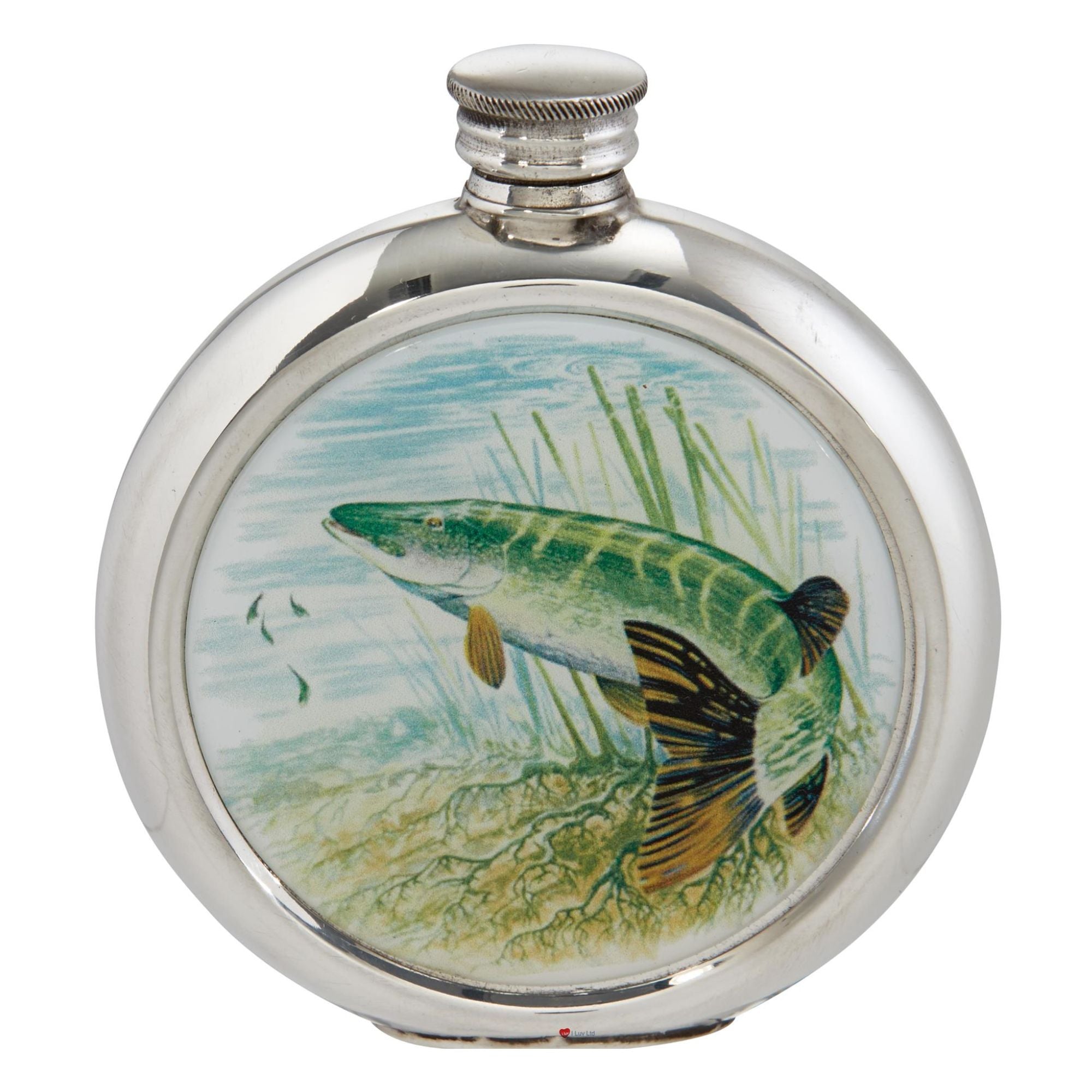 Silver flask with a fish design on a white background
