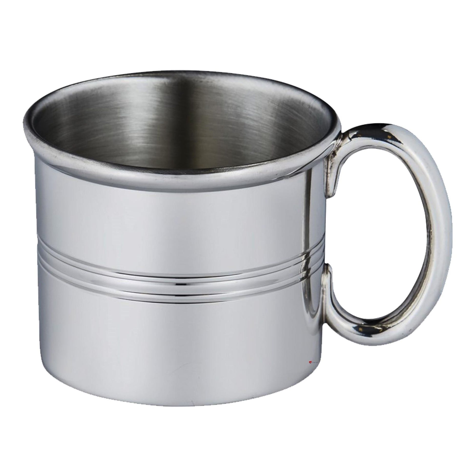 Stainless steel mug with handle on a white background