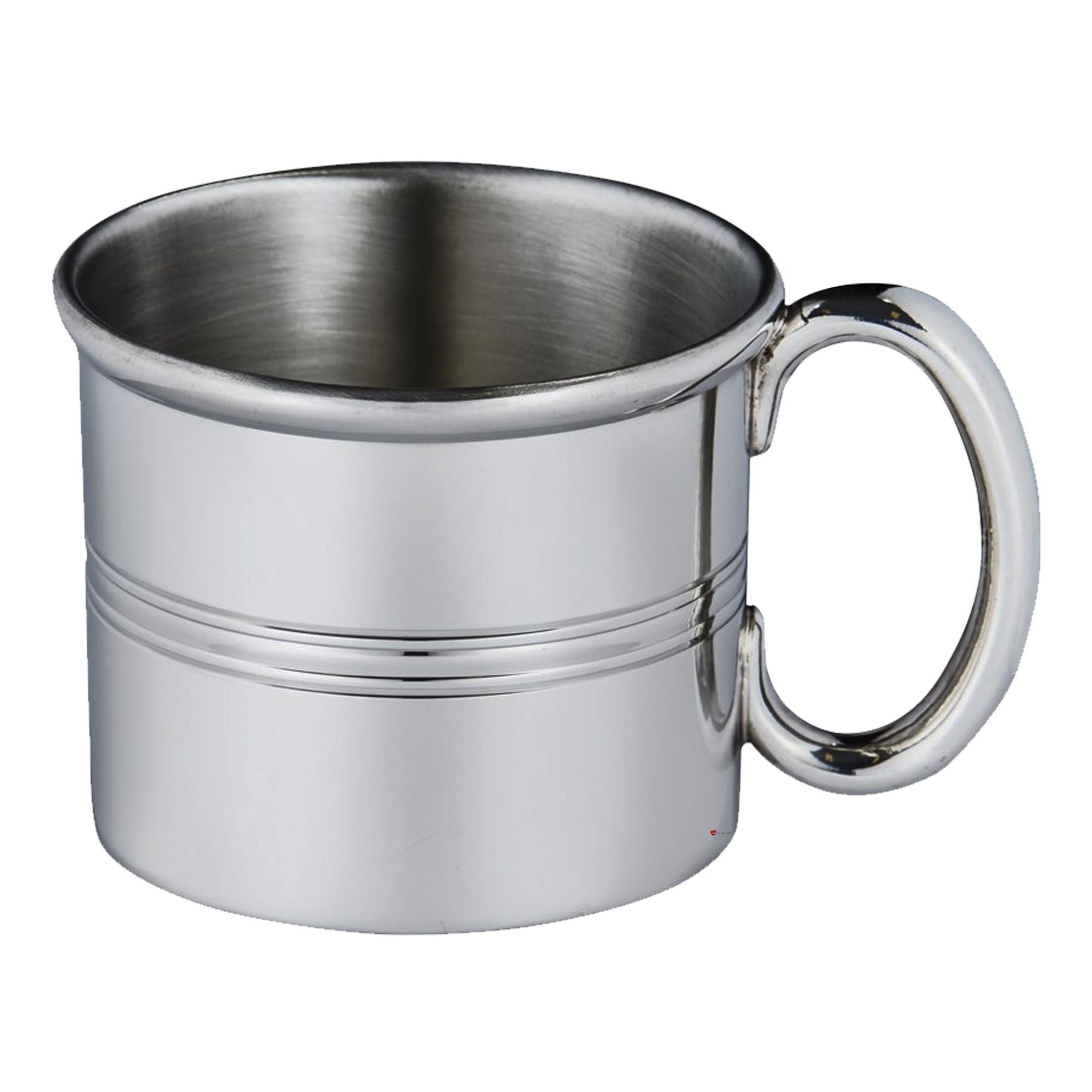 Stainless steel mug with handle on a white background