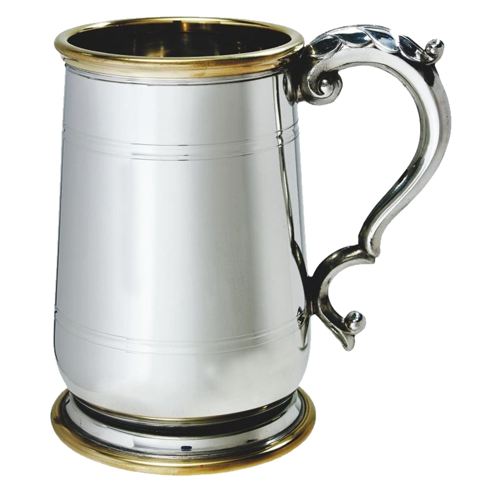 Silver tankard with a decorative handle on a white background
