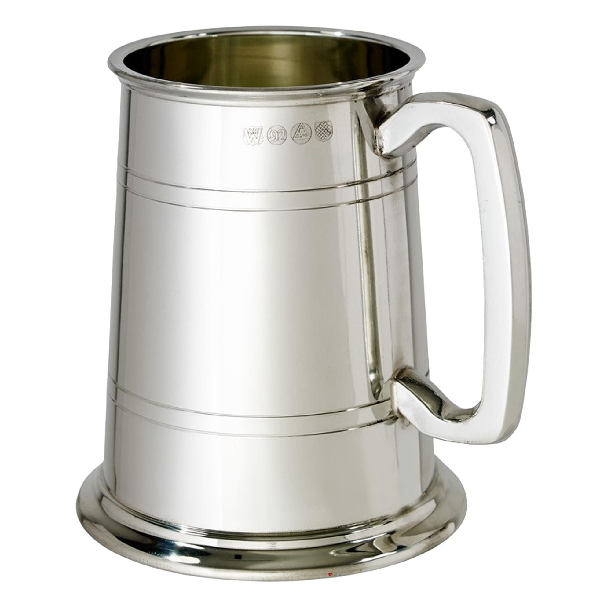 Silver tankard with handle on a white background