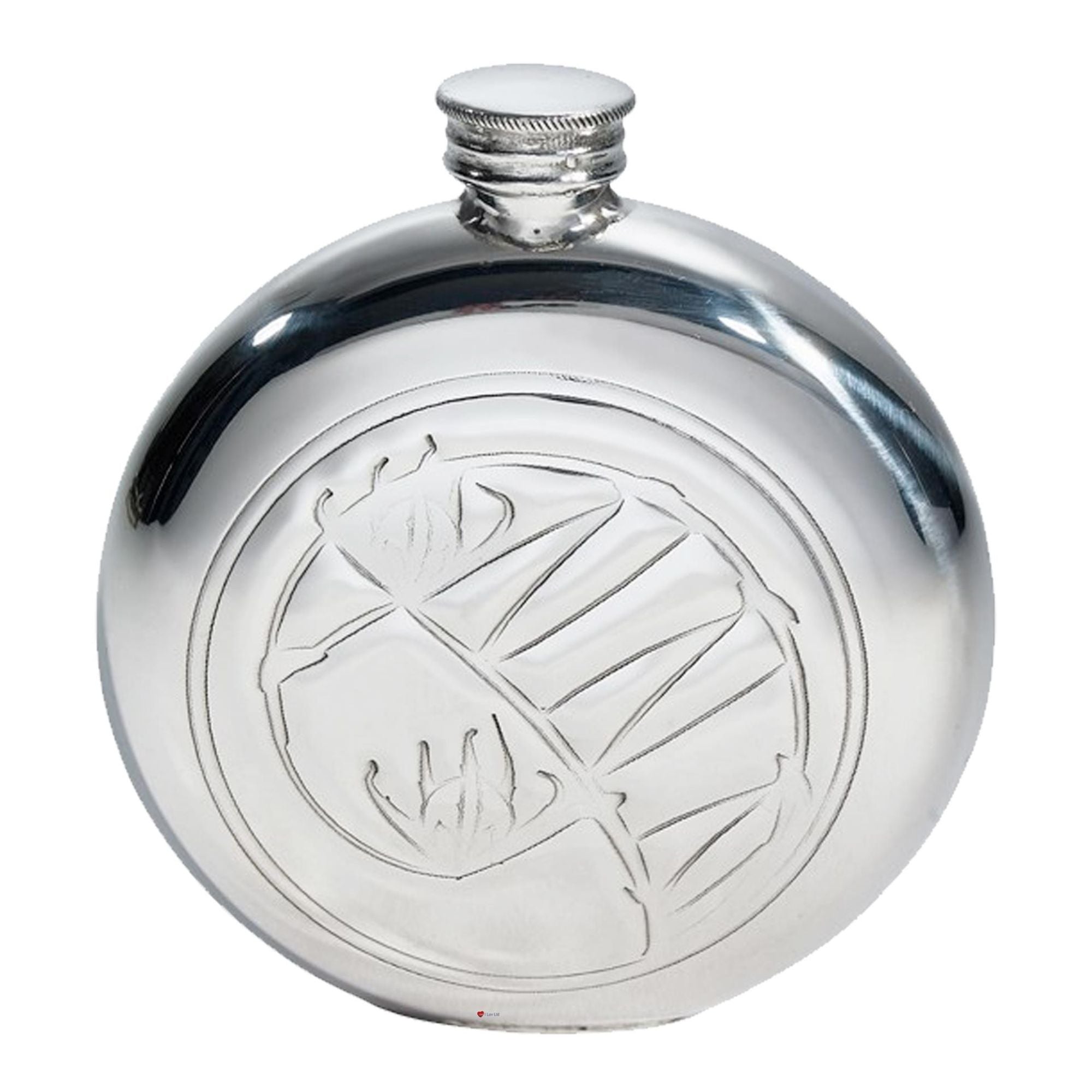Silver flask with embossed design on a white background