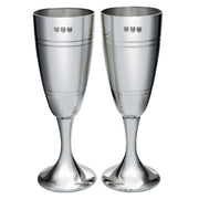 Two silver champagne flutes on a white background