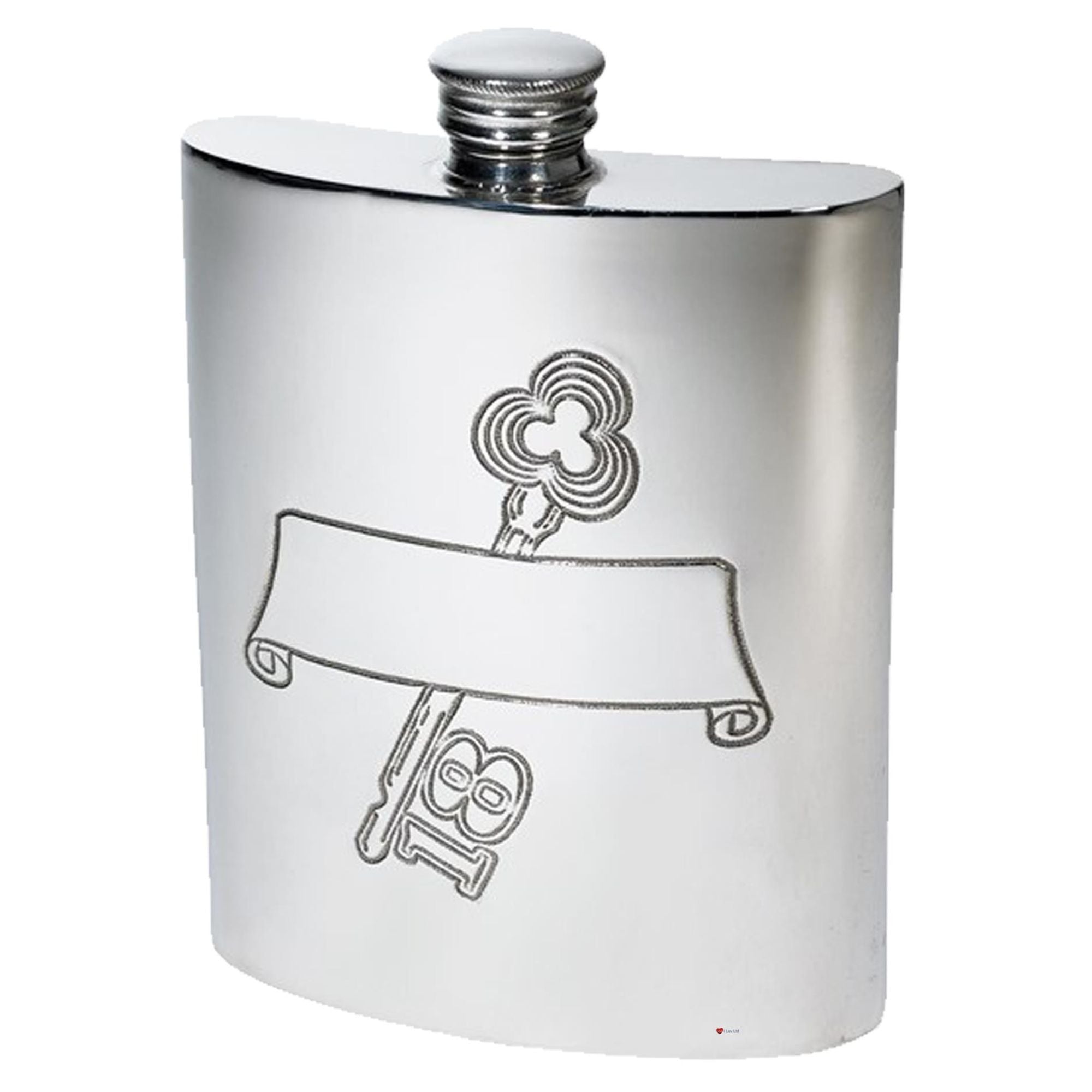 Silver hip flask with engraved design on a white background