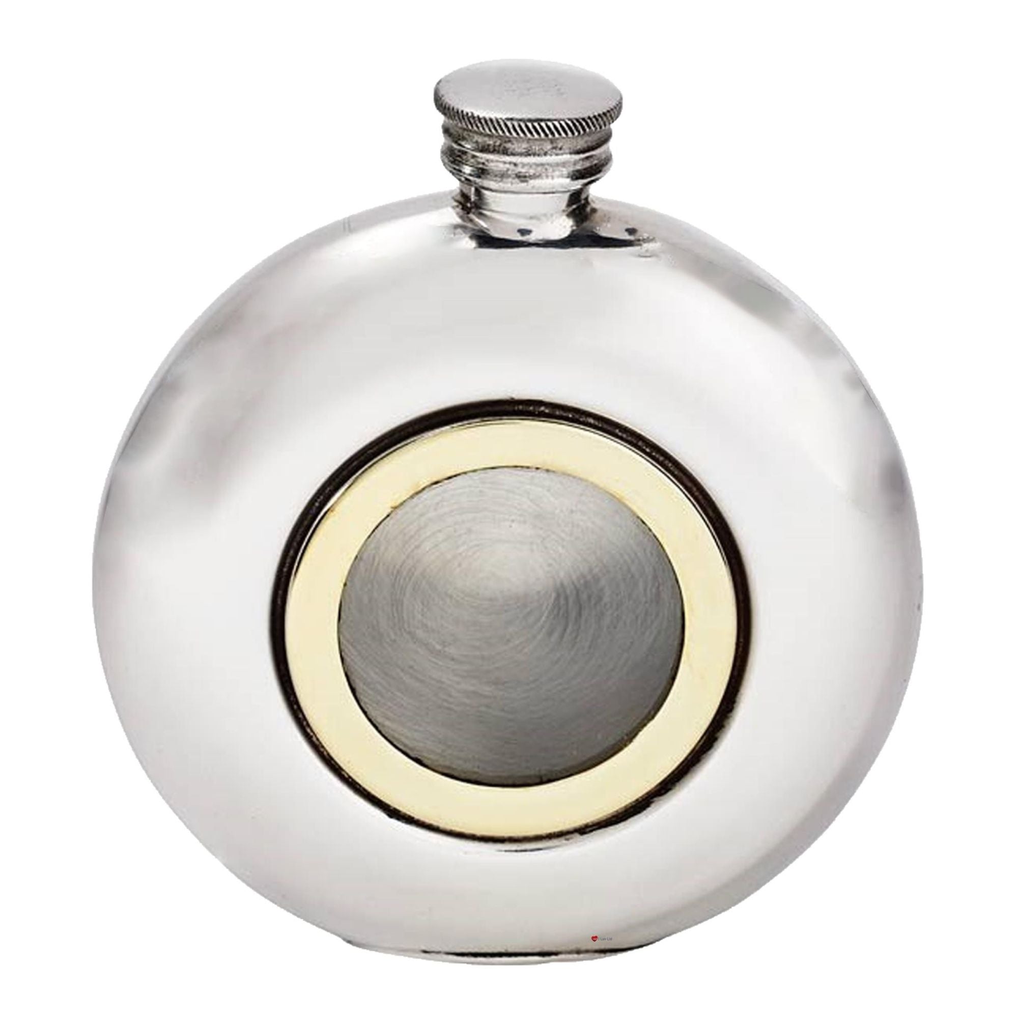 Silver flask with gold accent on a white background