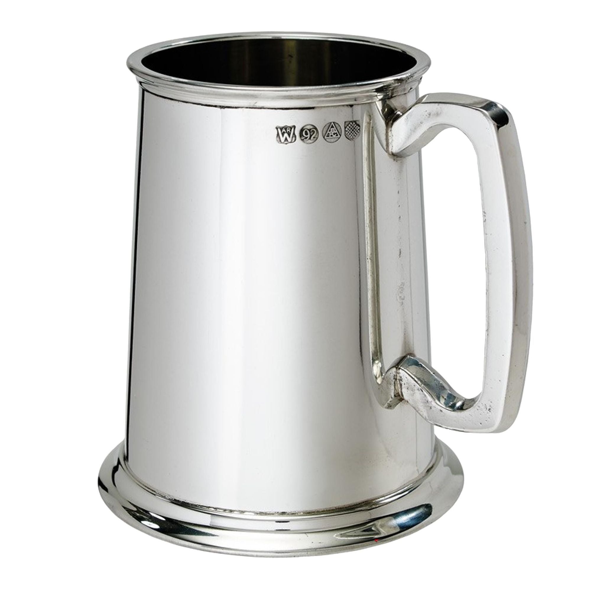 Silver tankard with handle on a white background
