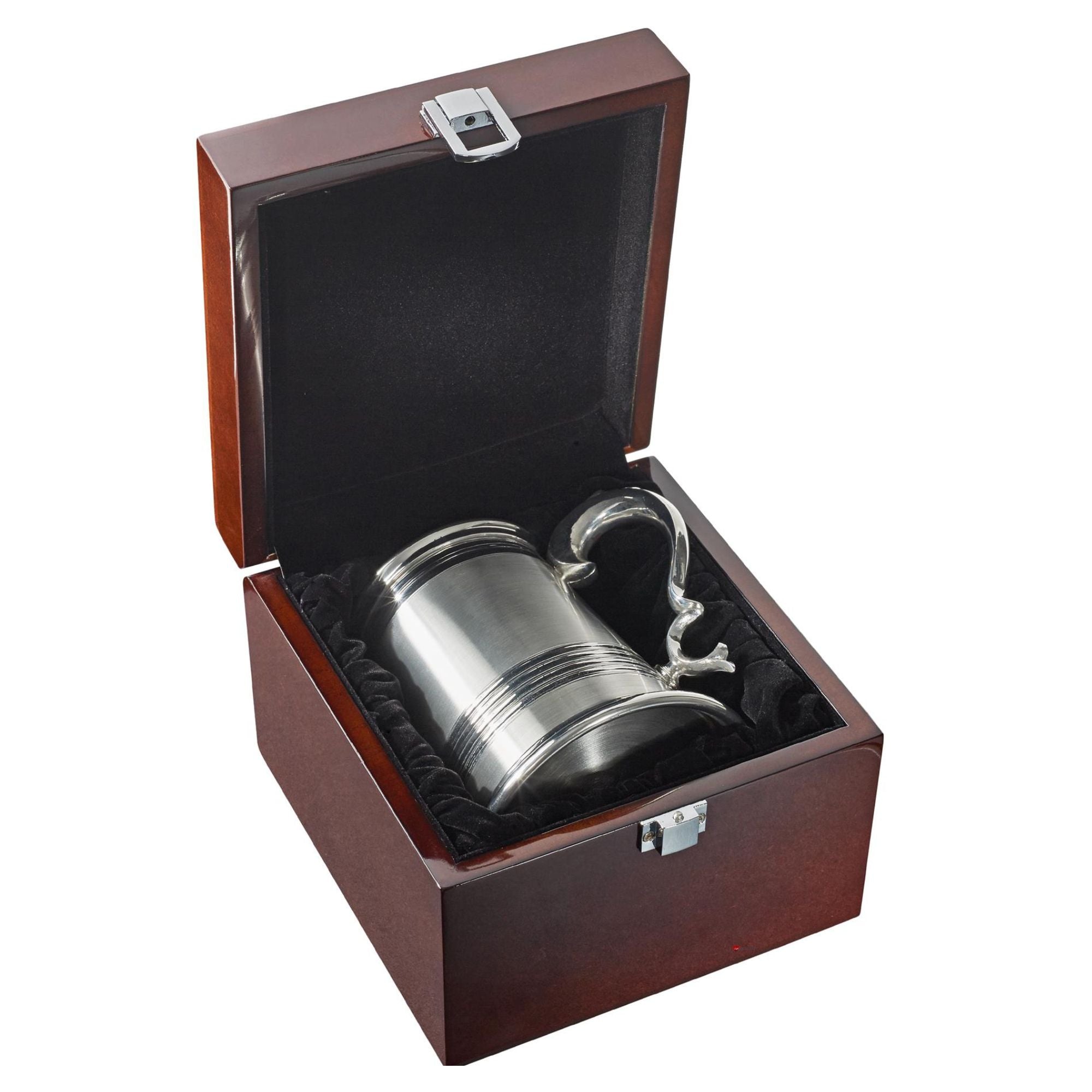 Silver tankard in a wooden gift box on a white background