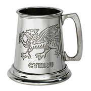 Silver tankard with a dragon emblem and 'Cymru' engraving on a white background