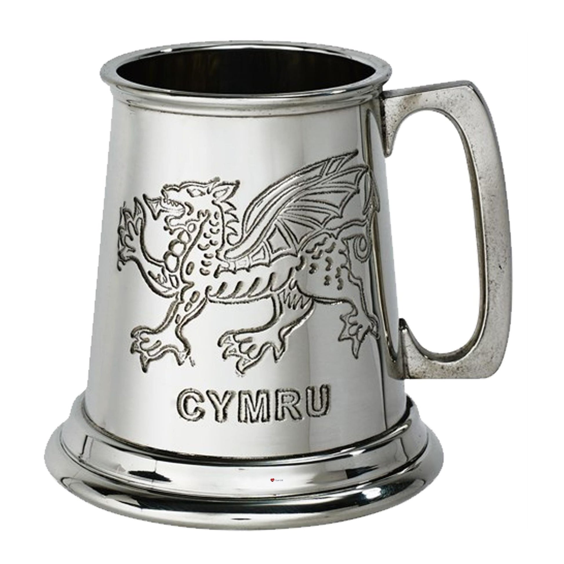 Silver tankard with a dragon emblem and 'Cymru' engraving on a white background