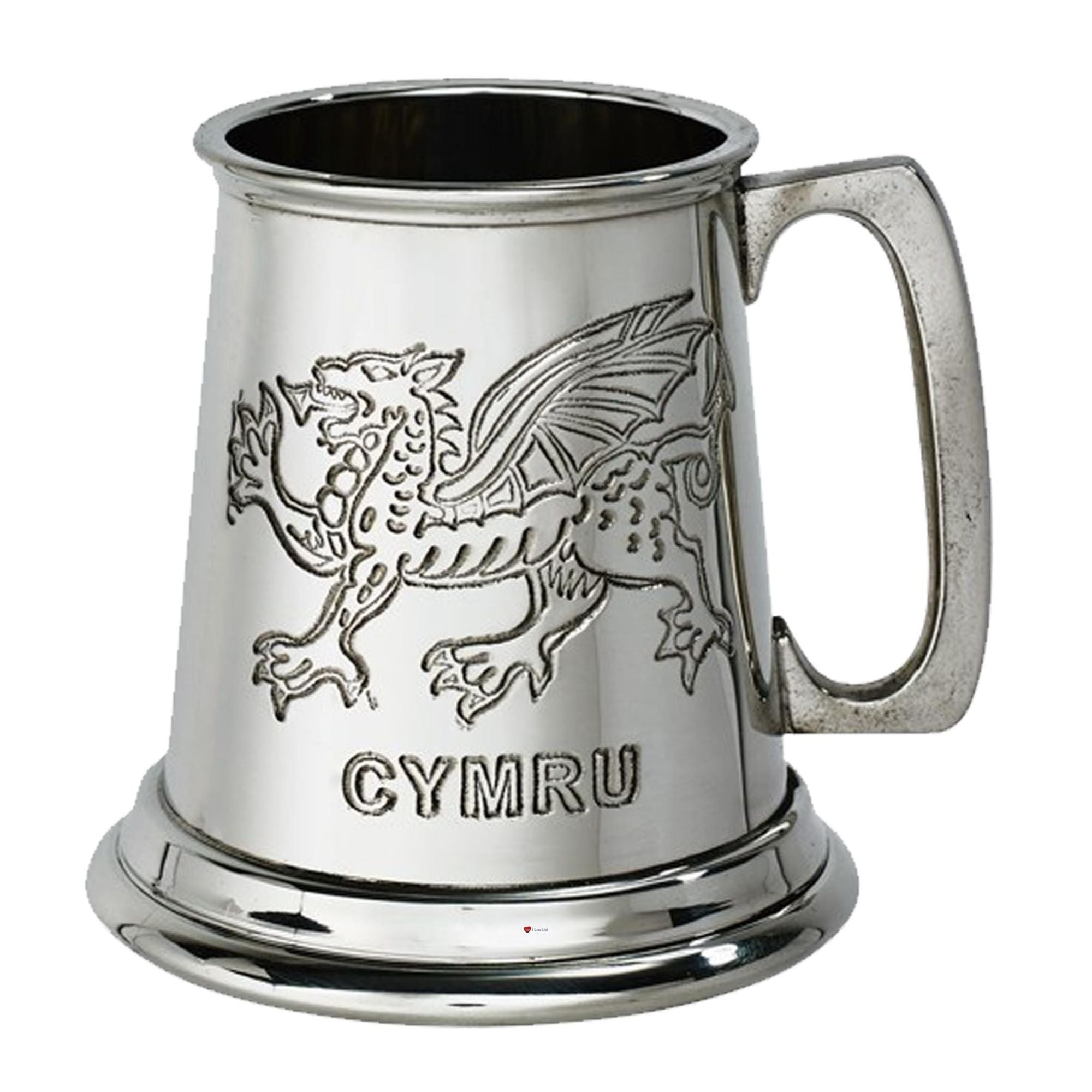Silver tankard with a dragon emblem and 'Cymru' engraving on a white background