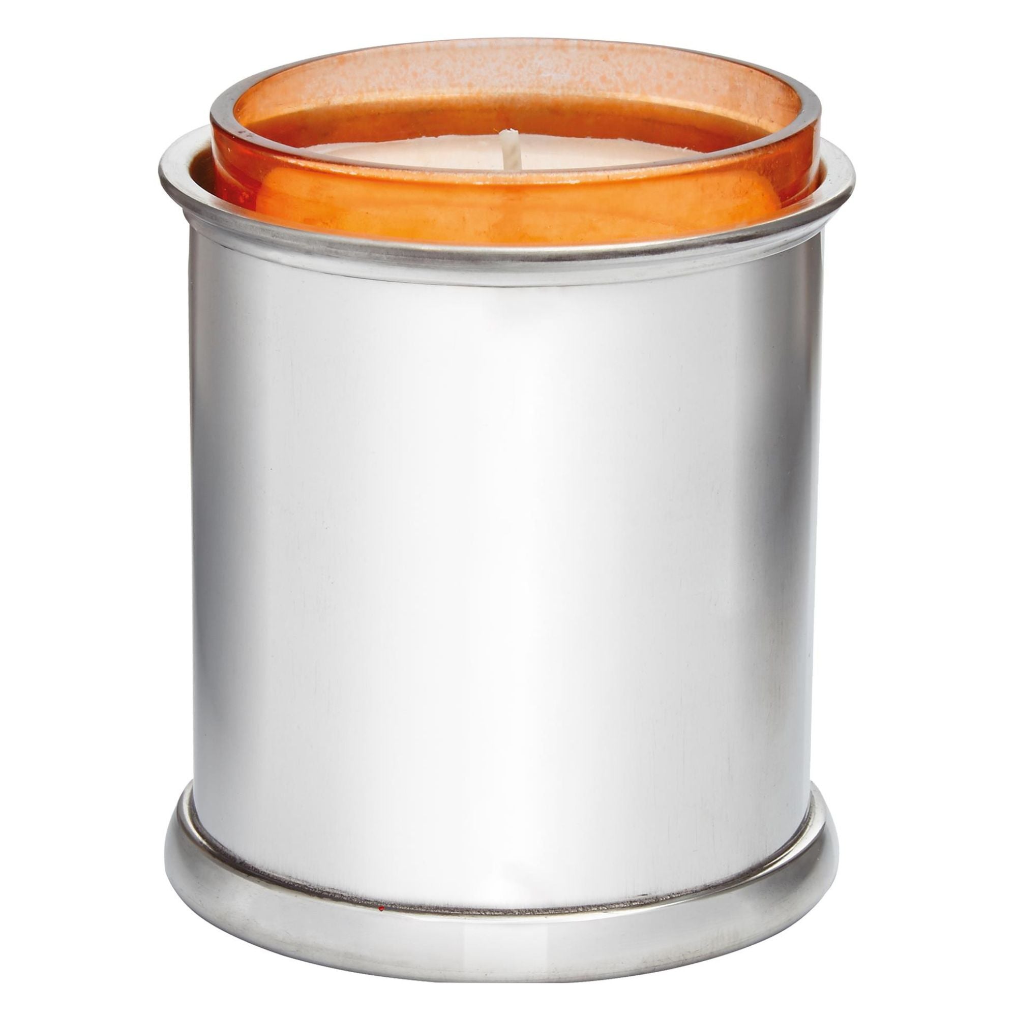 Candle in a silver container with an orange lid on a white background