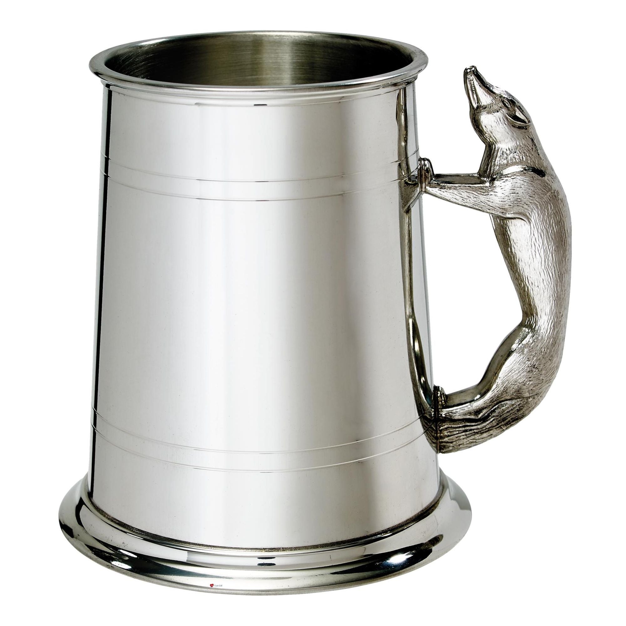 Silver tankard with a wolf handle on a white background