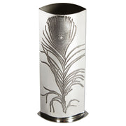 Decorative vase with peacock feather design on a white background