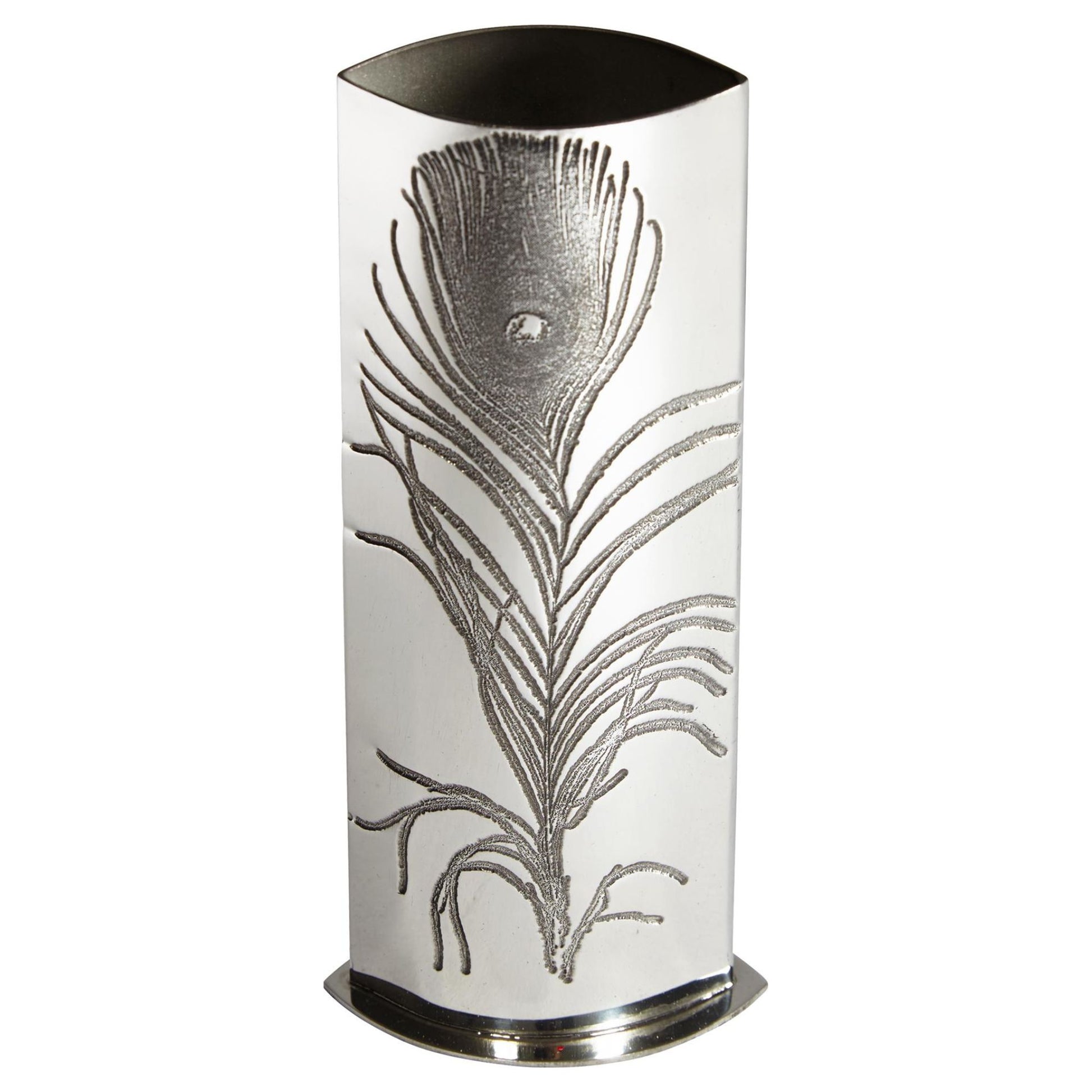 Decorative vase with peacock feather design on a white background