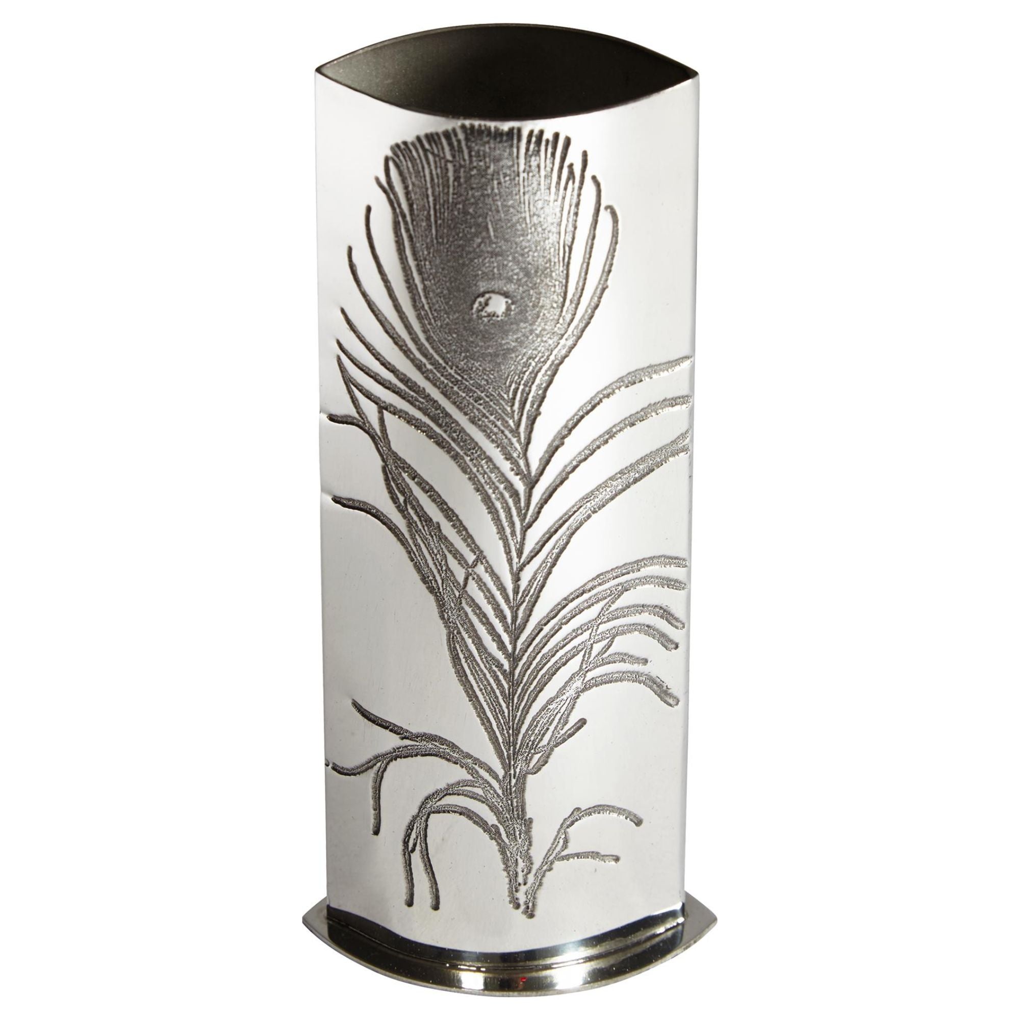 Decorative vase with peacock feather design on a white background