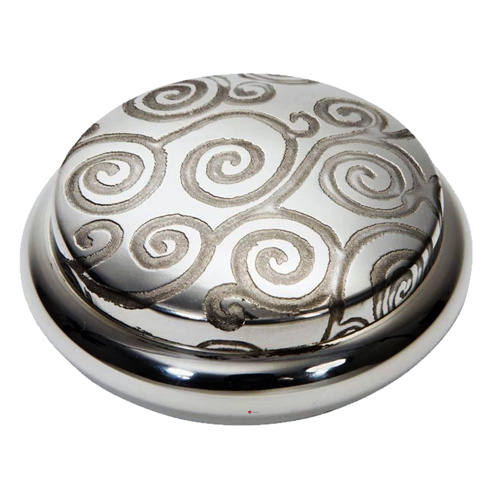 Decorative round object with silver spiral patterns on a white background
