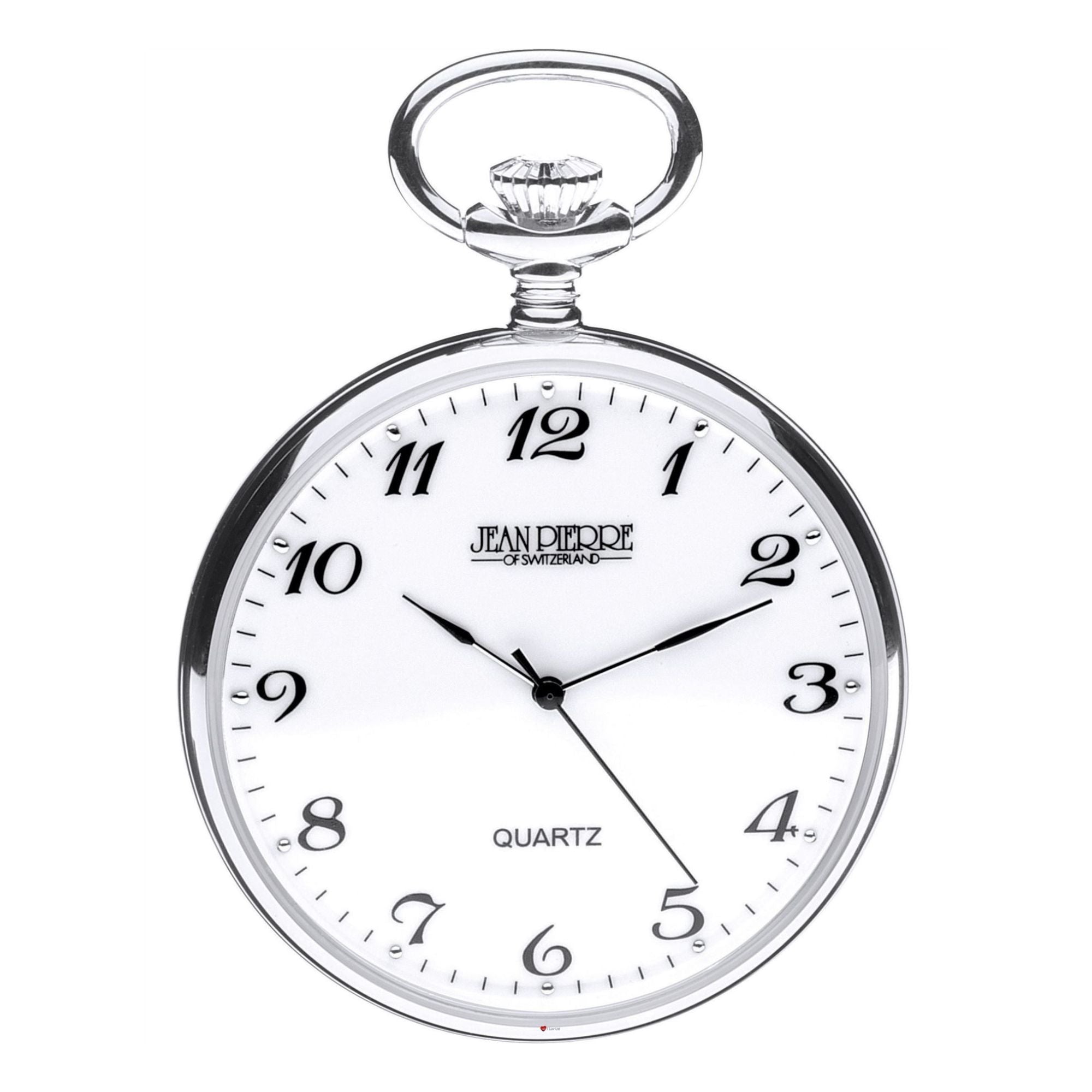 Jean Pierre pocket watch with white face and black hands on a white background
