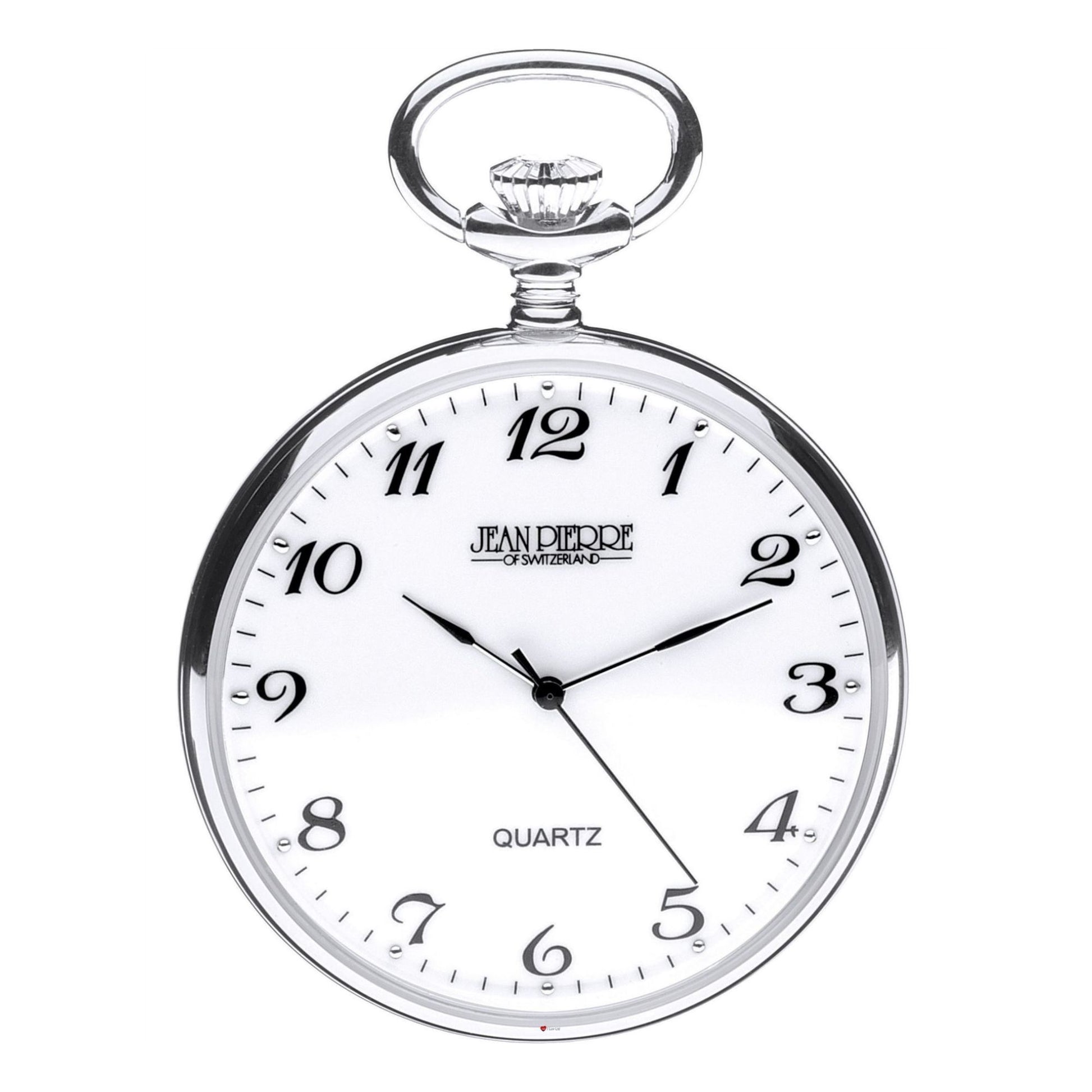 Jean Pierre pocket watch with white face and black hands on a white background