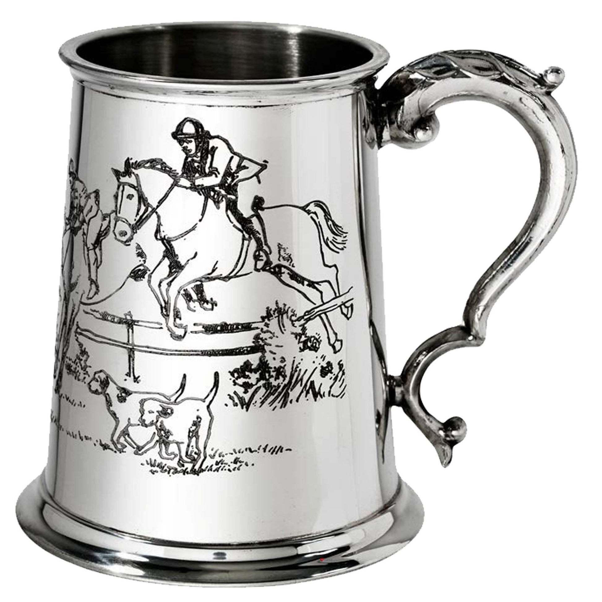Silver tankard with hunting scene engraving on a white background