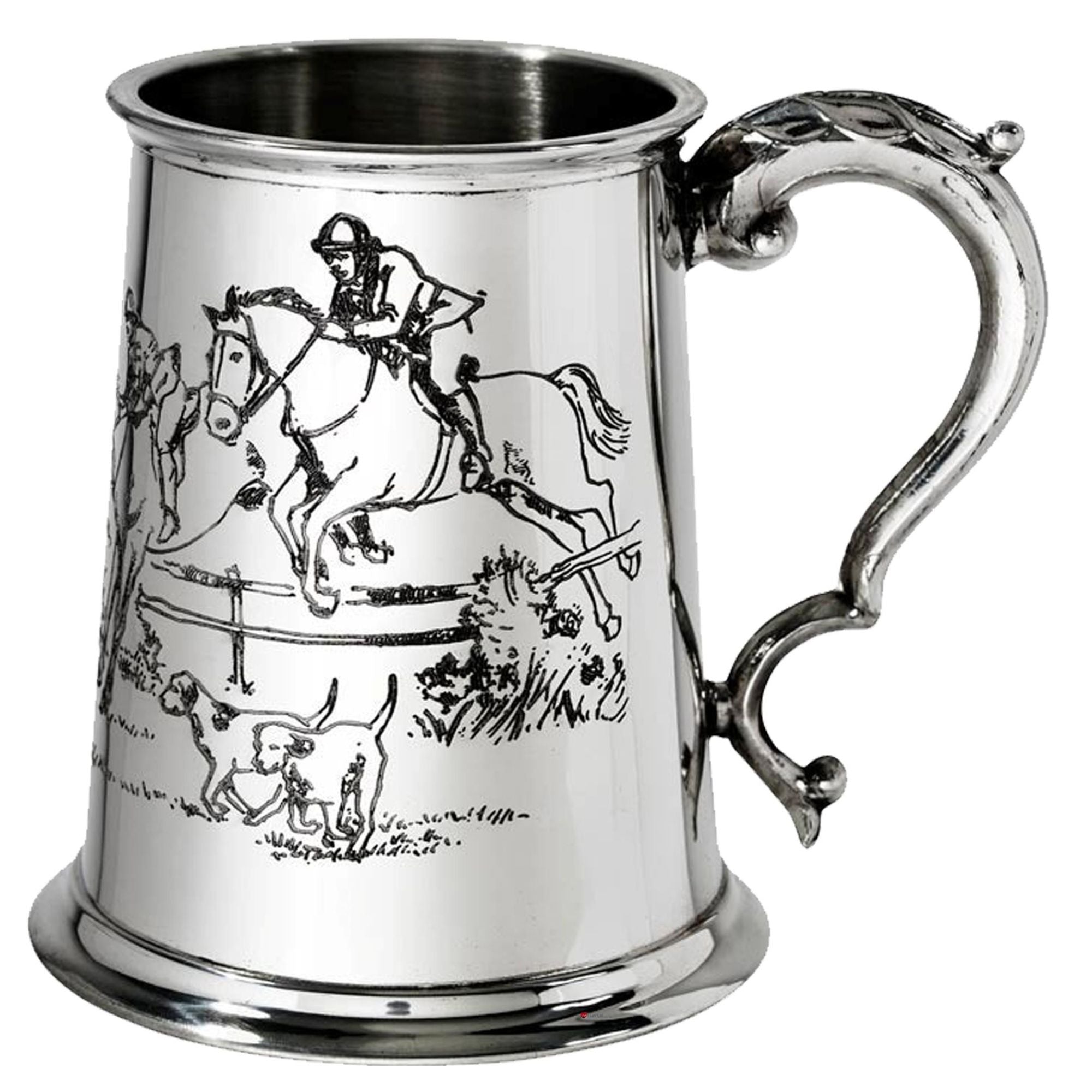 Silver tankard with hunting scene engraving on a white background