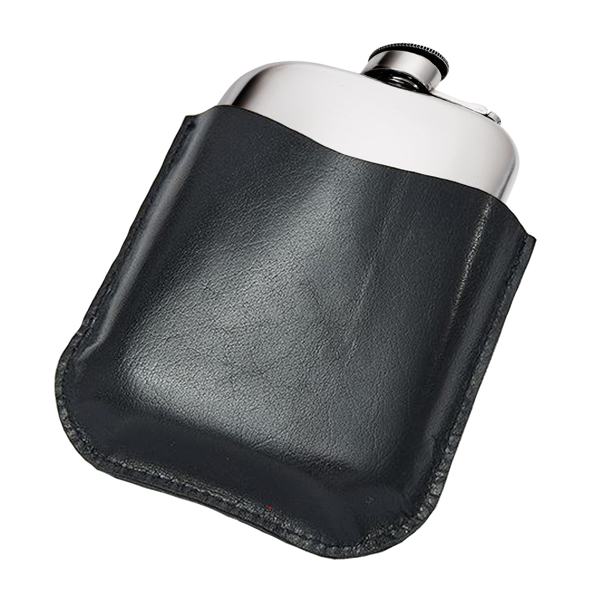 Black leather flask with silver cap on a white background