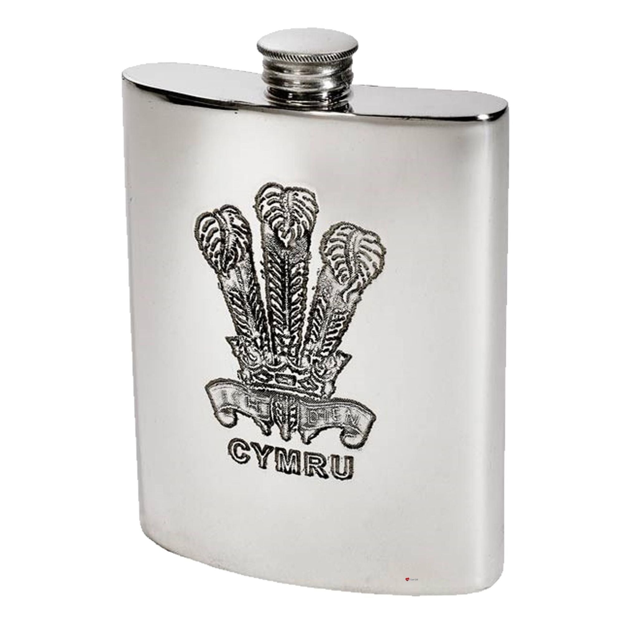 Silver flask with a emblem and 'Cymru' text on a white background