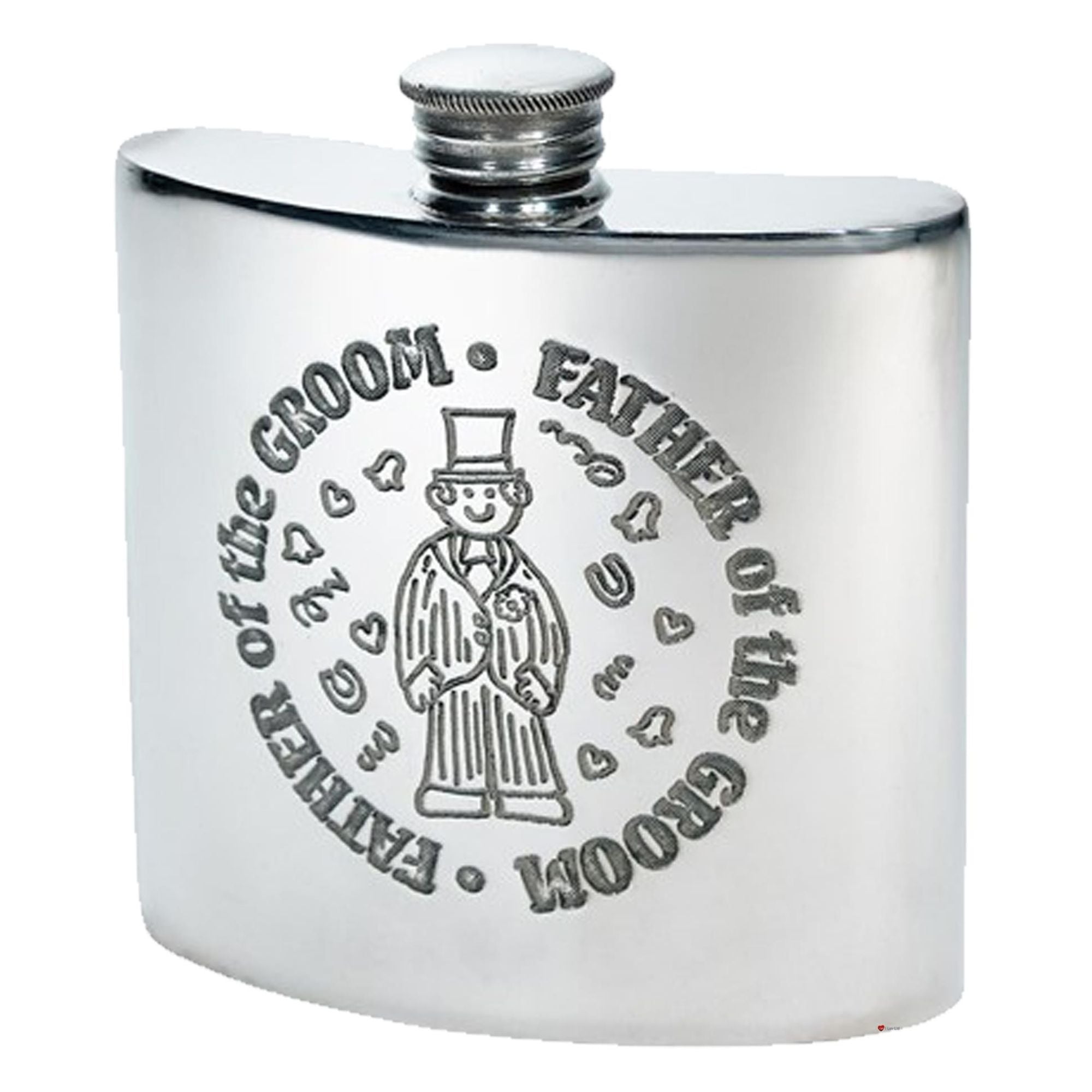 Silver flask with 'Father of the Groom' engraving on a white background