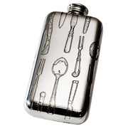 Silver flask with engraved cutlery design on a white background
