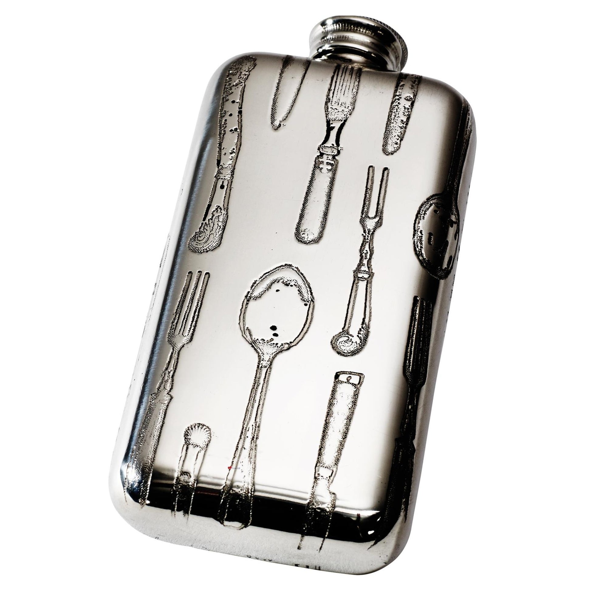 Silver flask with engraved cutlery design on a white background