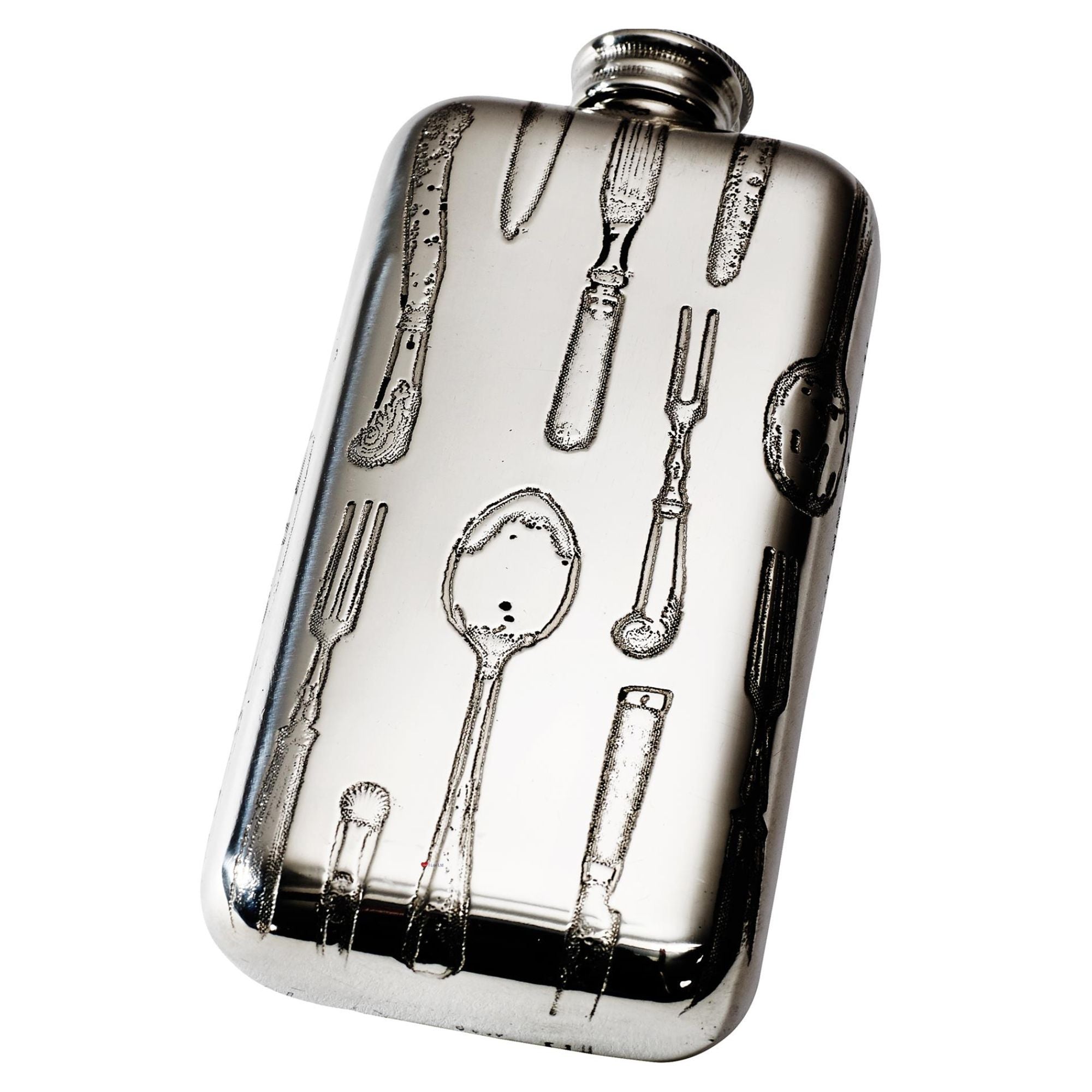 Silver flask with engraved cutlery design on a white background