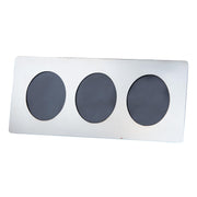 Rectangular metal plate with three circular cutouts on a white background