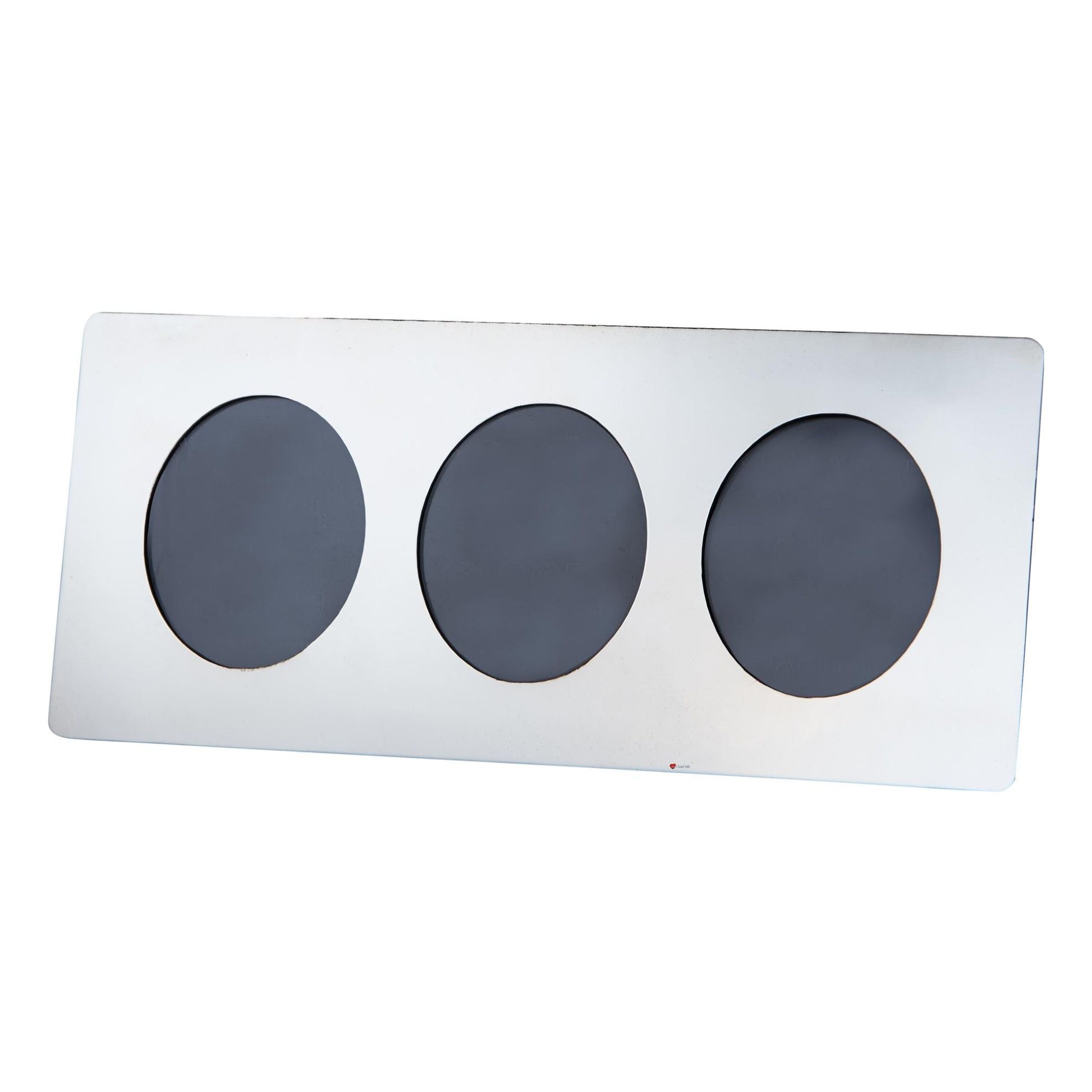 Rectangular metal plate with three circular cutouts on a white background