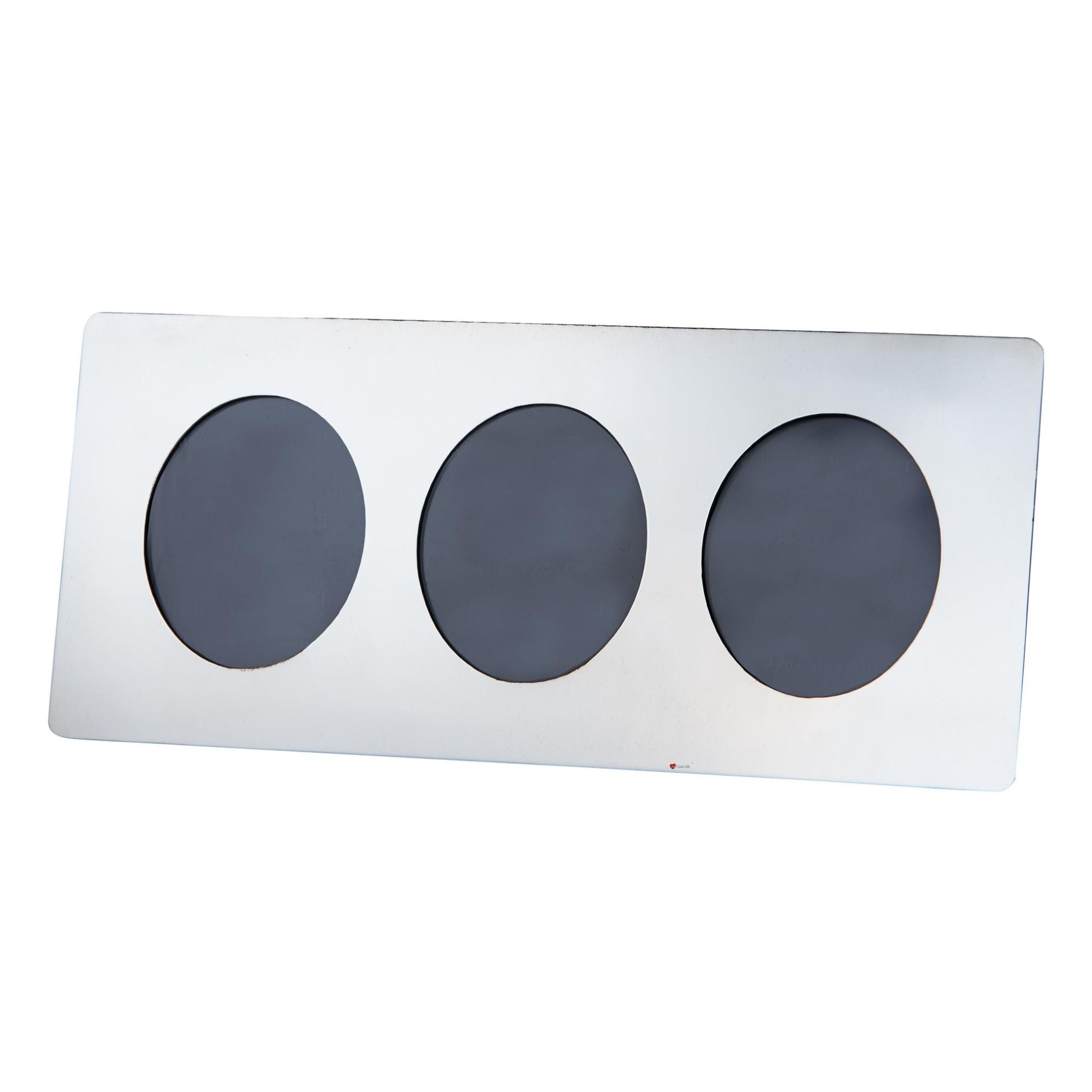Rectangular metal plate with three circular cutouts on a white background