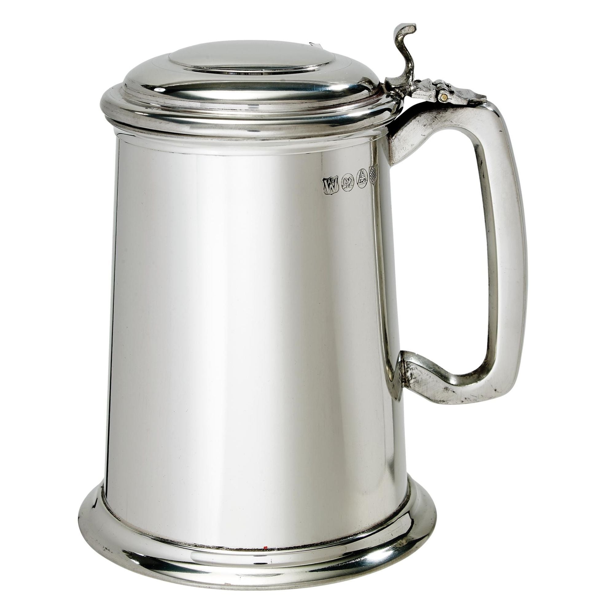 Silver tankard with a handle on a white background
