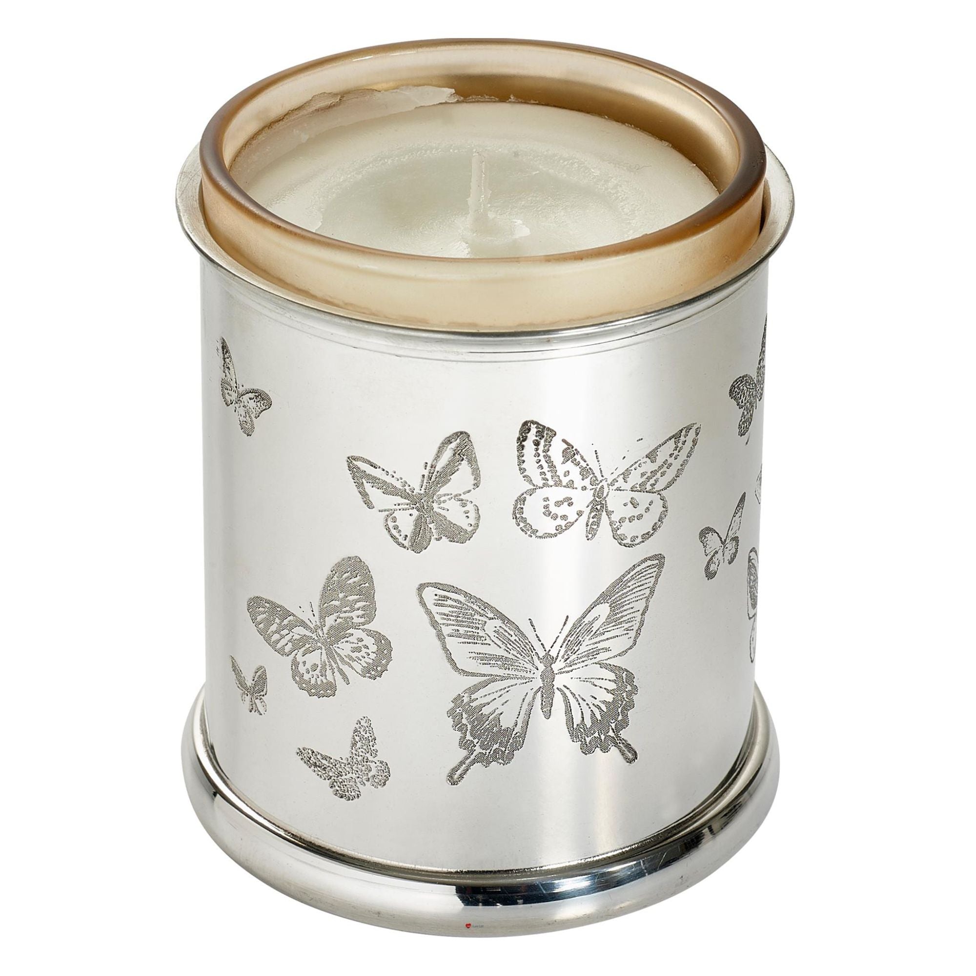 Silver candle holder with butterfly designs on a white background