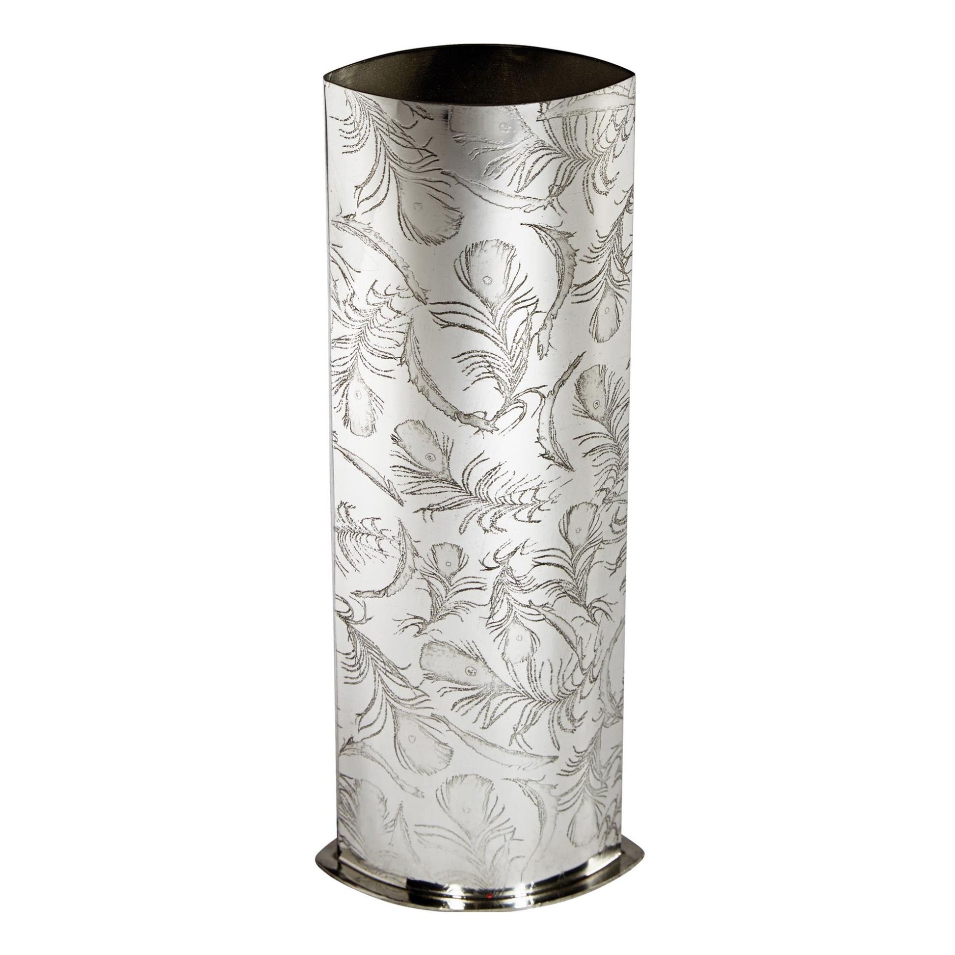 Decorative cylindrical vase with leaf pattern on a white background