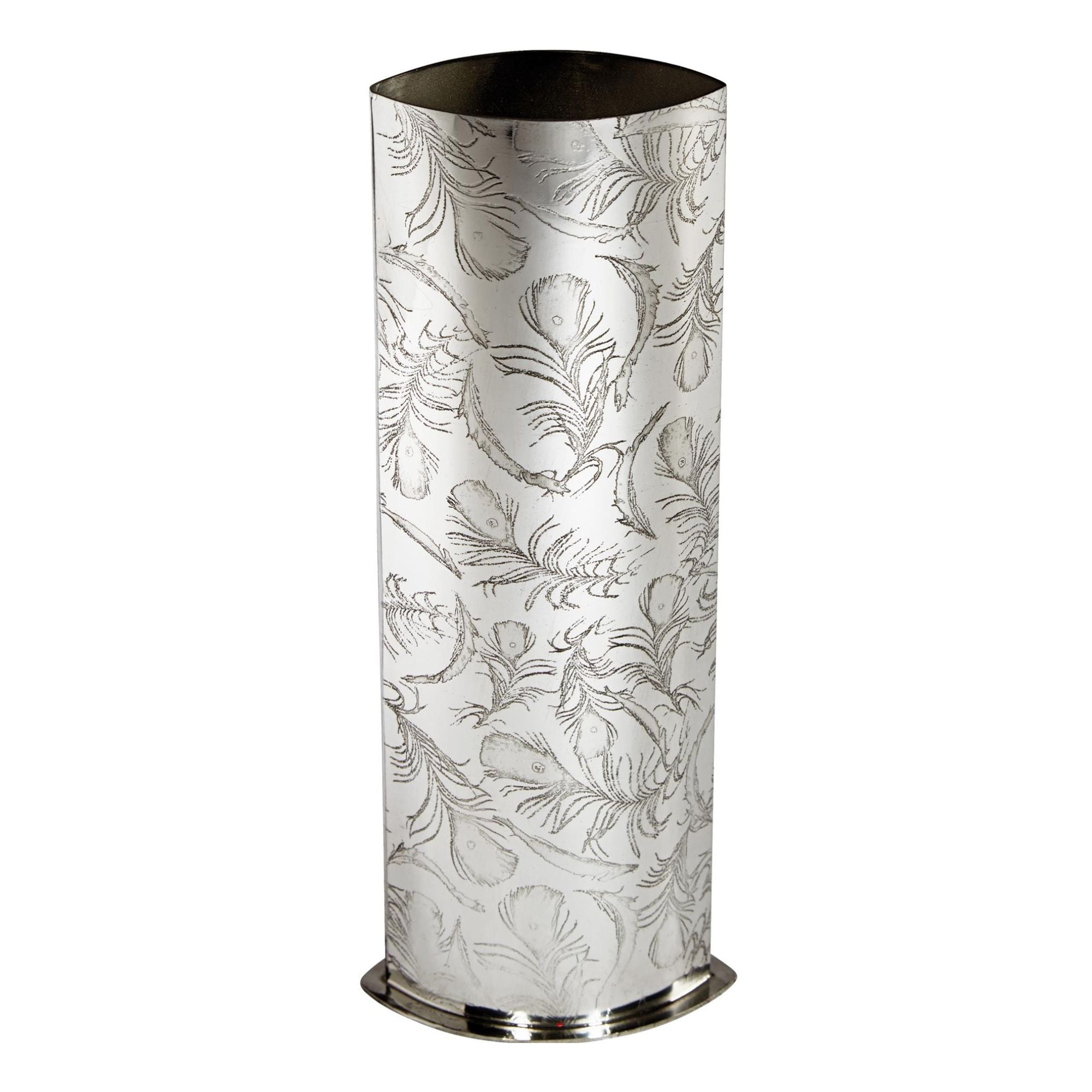 Decorative cylindrical vase with leaf pattern on a white background
