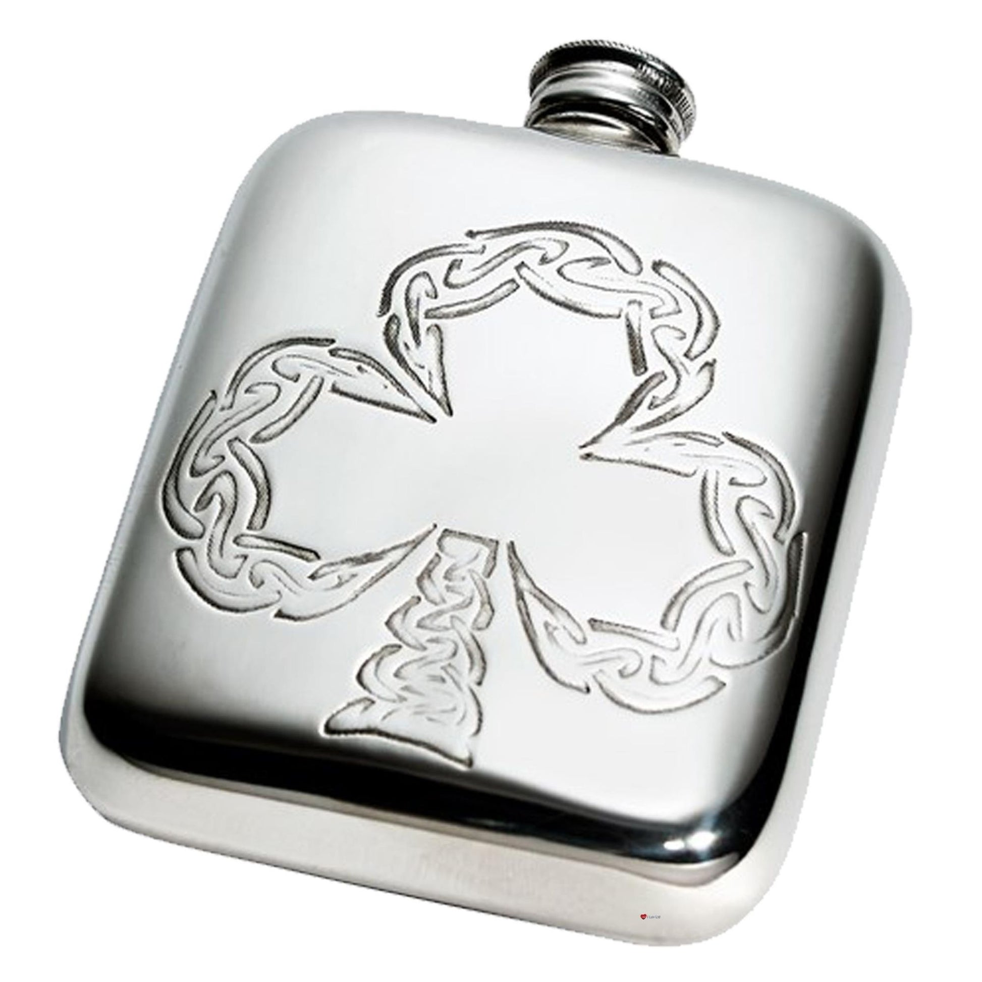 Silver hip flask with intricate designs on a white background