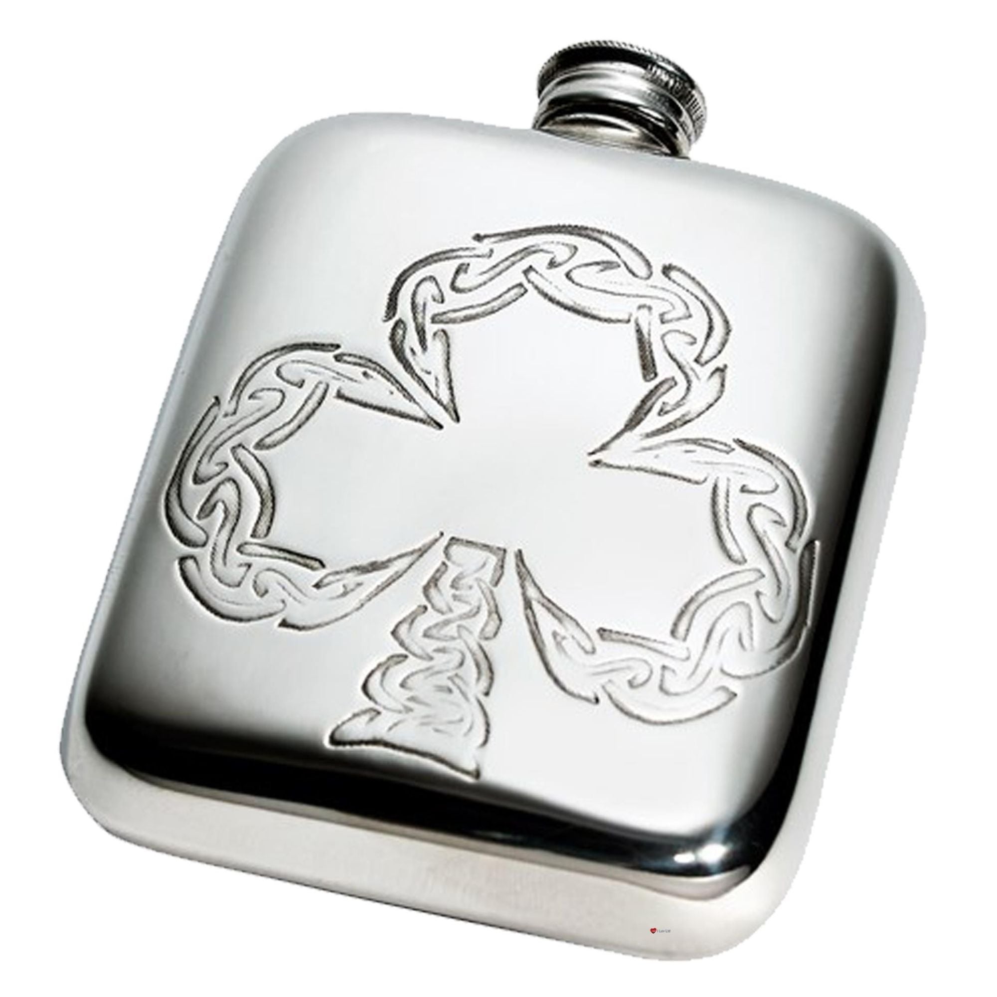 Silver hip flask with intricate designs on a white background