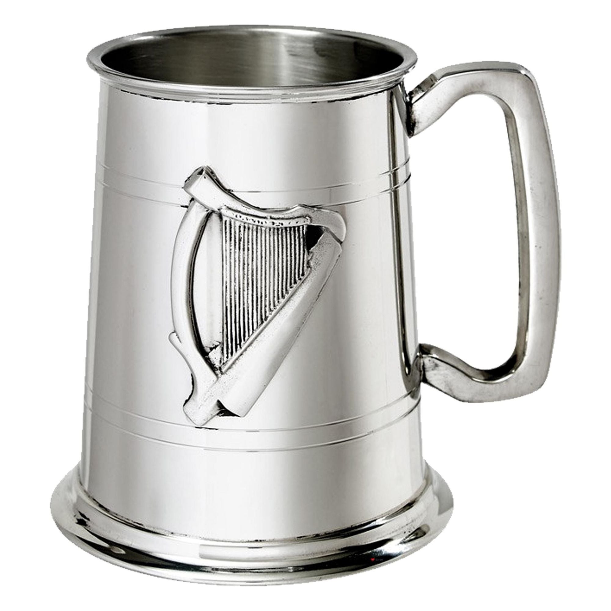 Silver tankard with a harp design on a white background