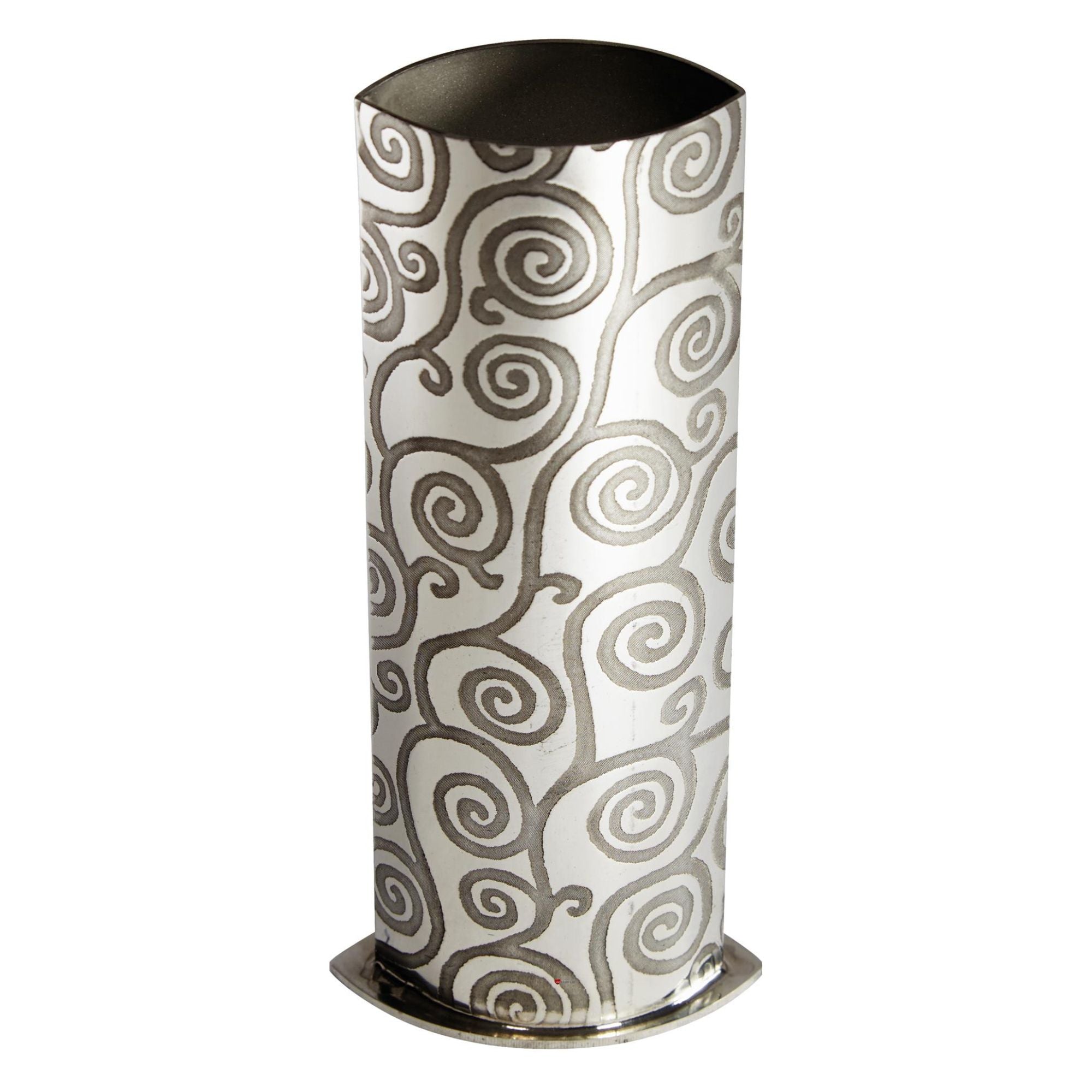 Cylindrical metal vase with spiral pattern on a white background